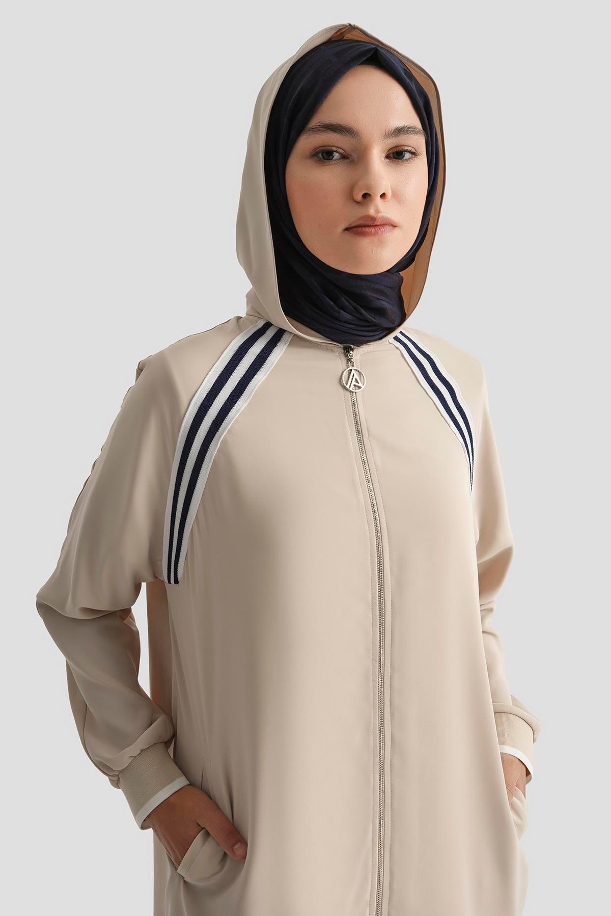 ARMİNE TREND Boydan Fermuarlı Kapüşonlu Tunik-Taş 25YT409