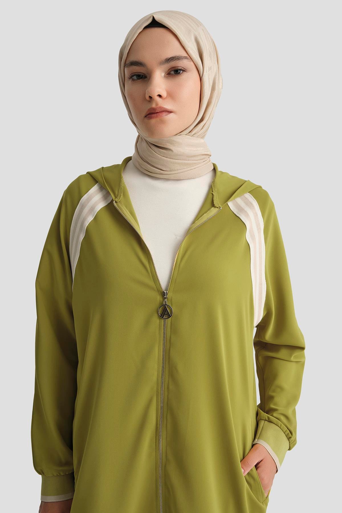 ARMİNE TREND Boydan Fermuarlı Kapüşonlu Tunik-Olive 25YT409