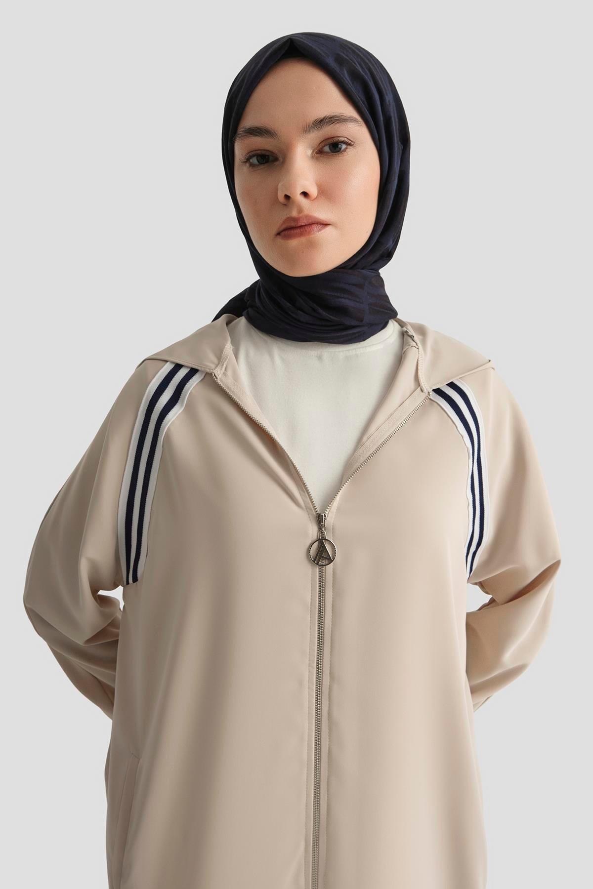 ARMİNE TREND Boydan Fermuarlı Kapüşonlu Tunik-Taş 25YT409
