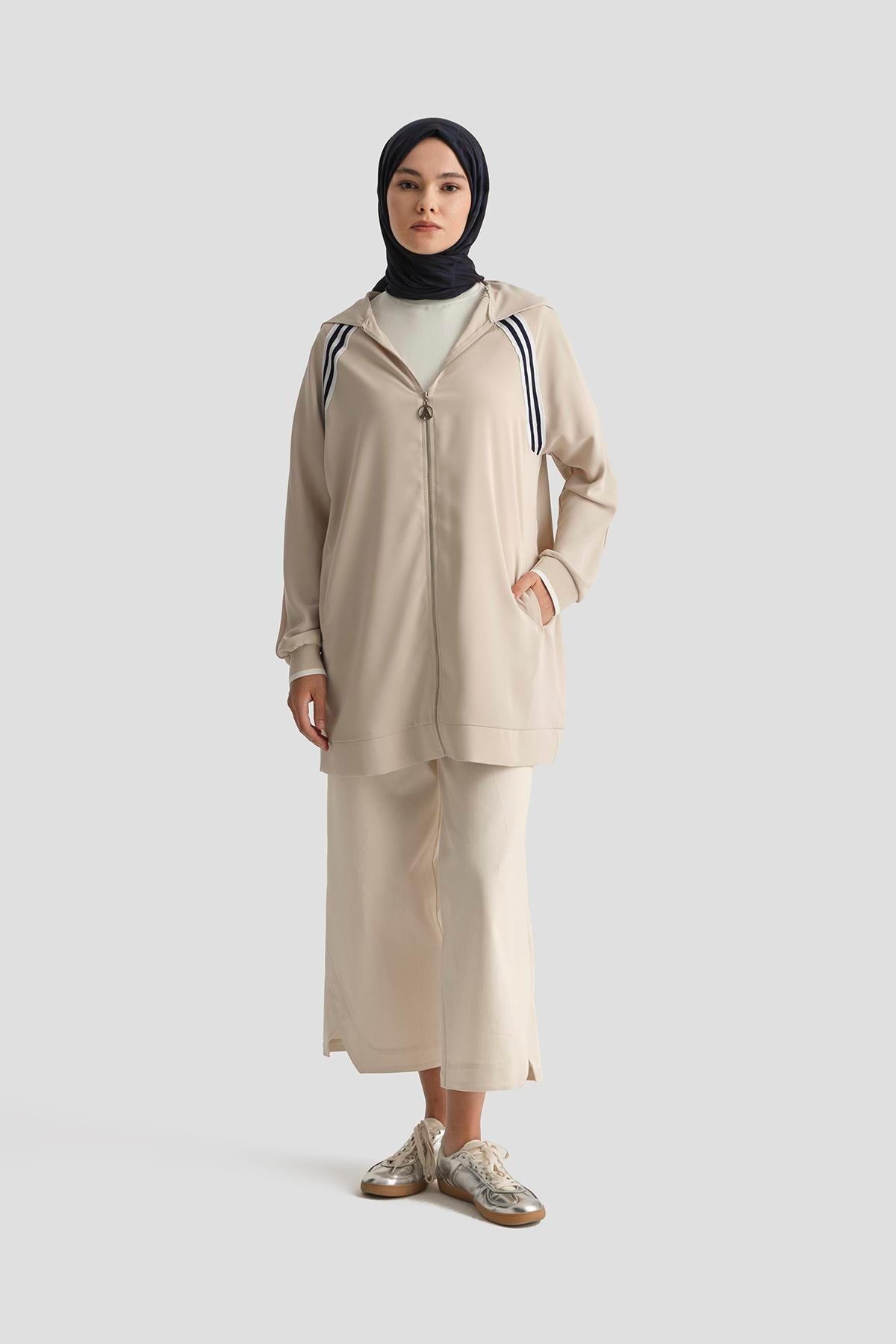 ARMİNE TREND Boydan Fermuarlı Kapüşonlu Tunik-Taş 25YT409