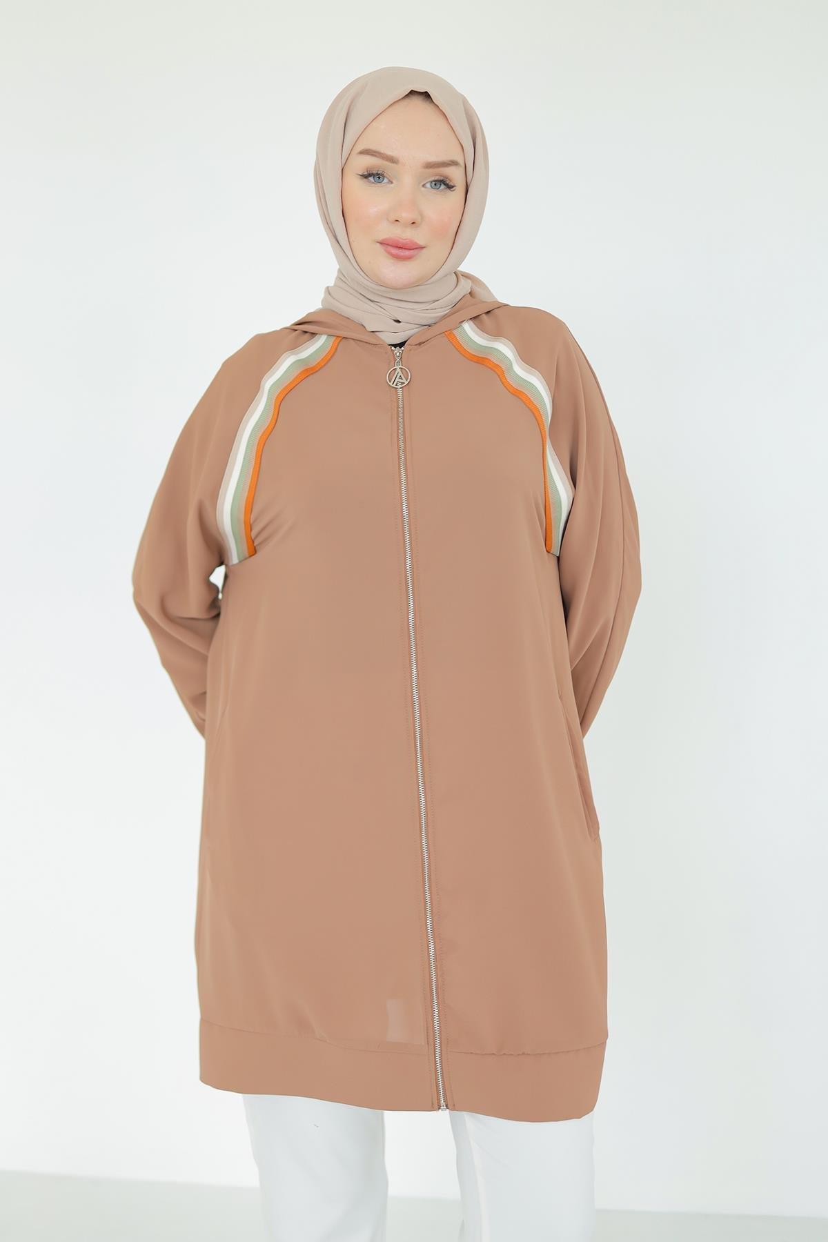 ARMİNE TREND Boydan Fermuarlı Kapüşonlu Tunik-Sütlü Kahve 25YT409