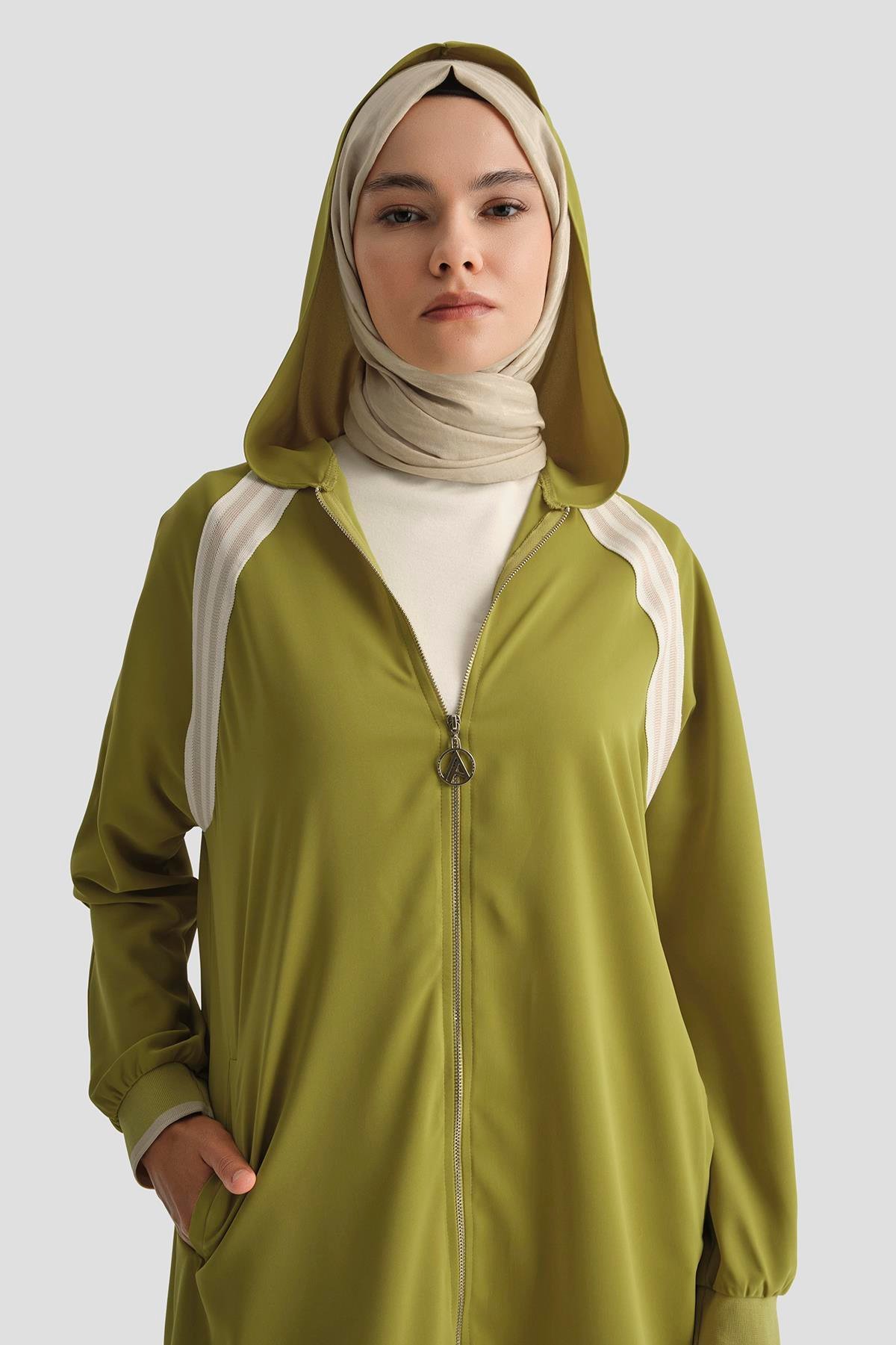 ARMİNE TREND Boydan Fermuarlı Kapüşonlu Tunik-Olive 25YT409
