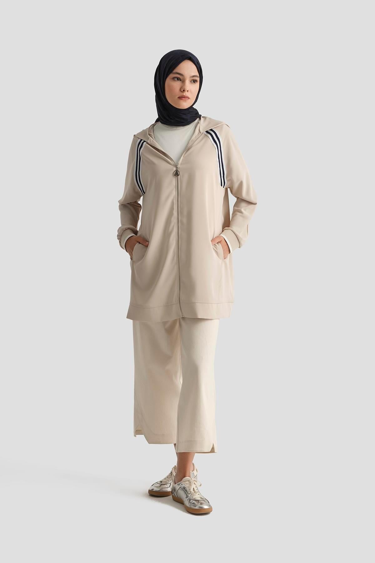 ARMİNE TREND Boydan Fermuarlı Kapüşonlu Tunik-Taş 25YT409