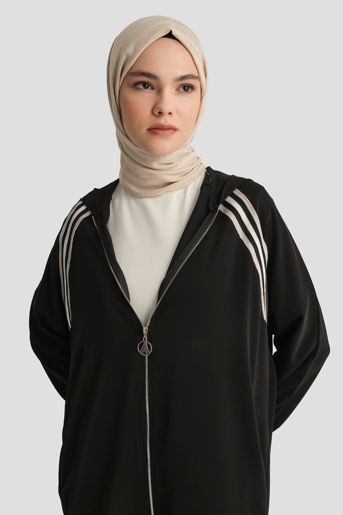 ARMİNE TREND Boydan Fermuarlı Kapüşonlu Tunik-Siyah 25YT409