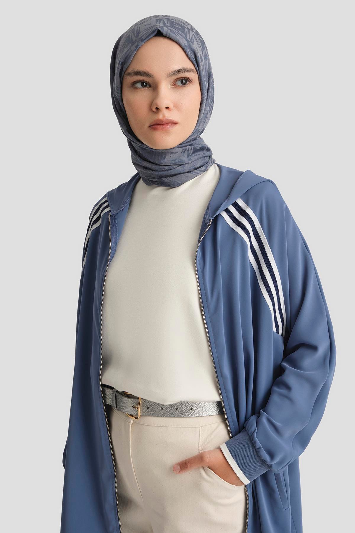 ARMİNE TREND Boydan Fermuarlı Kapüşonlu Tunik-İndigo 25YT409