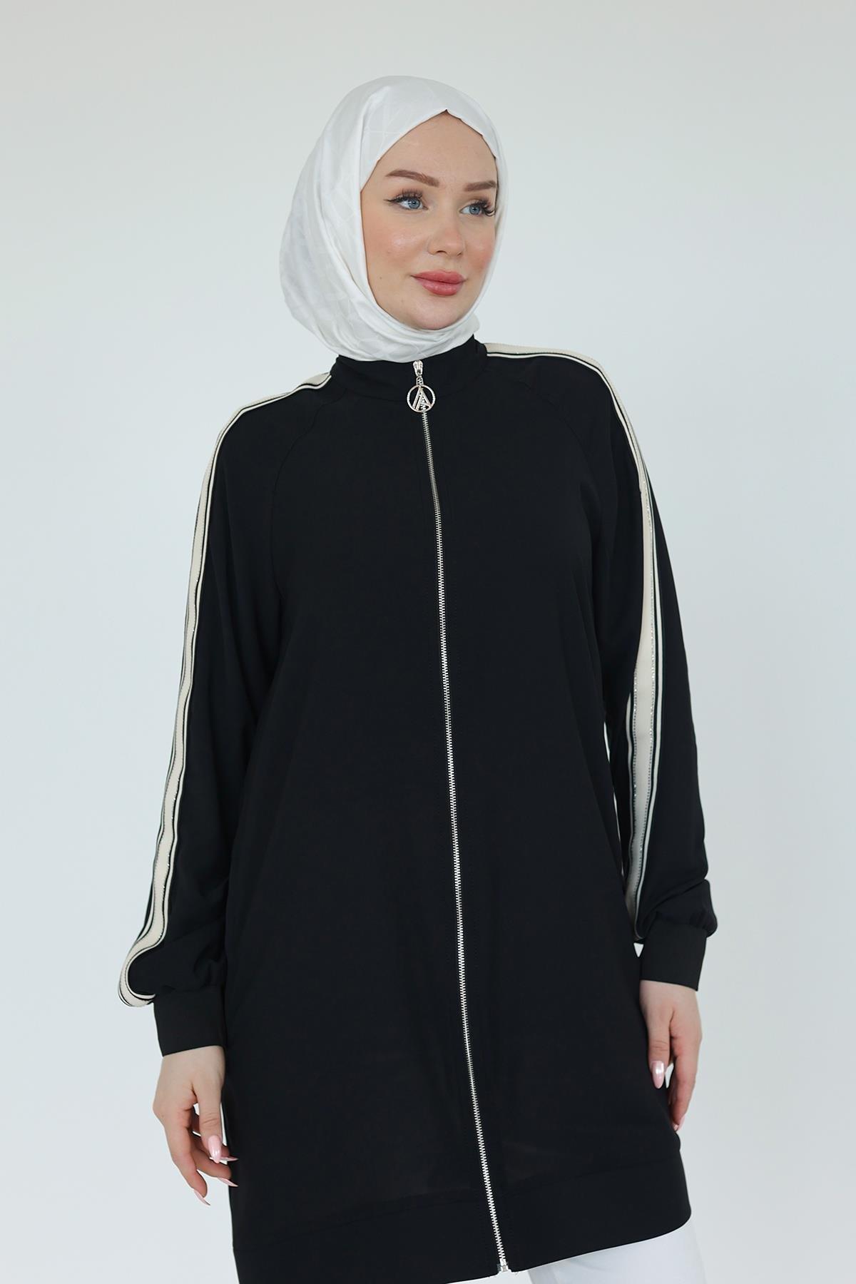 ARMİNE TREND Boydan Fermuarlı Kolları Ribanalı Tunik-Siyah 25YT414