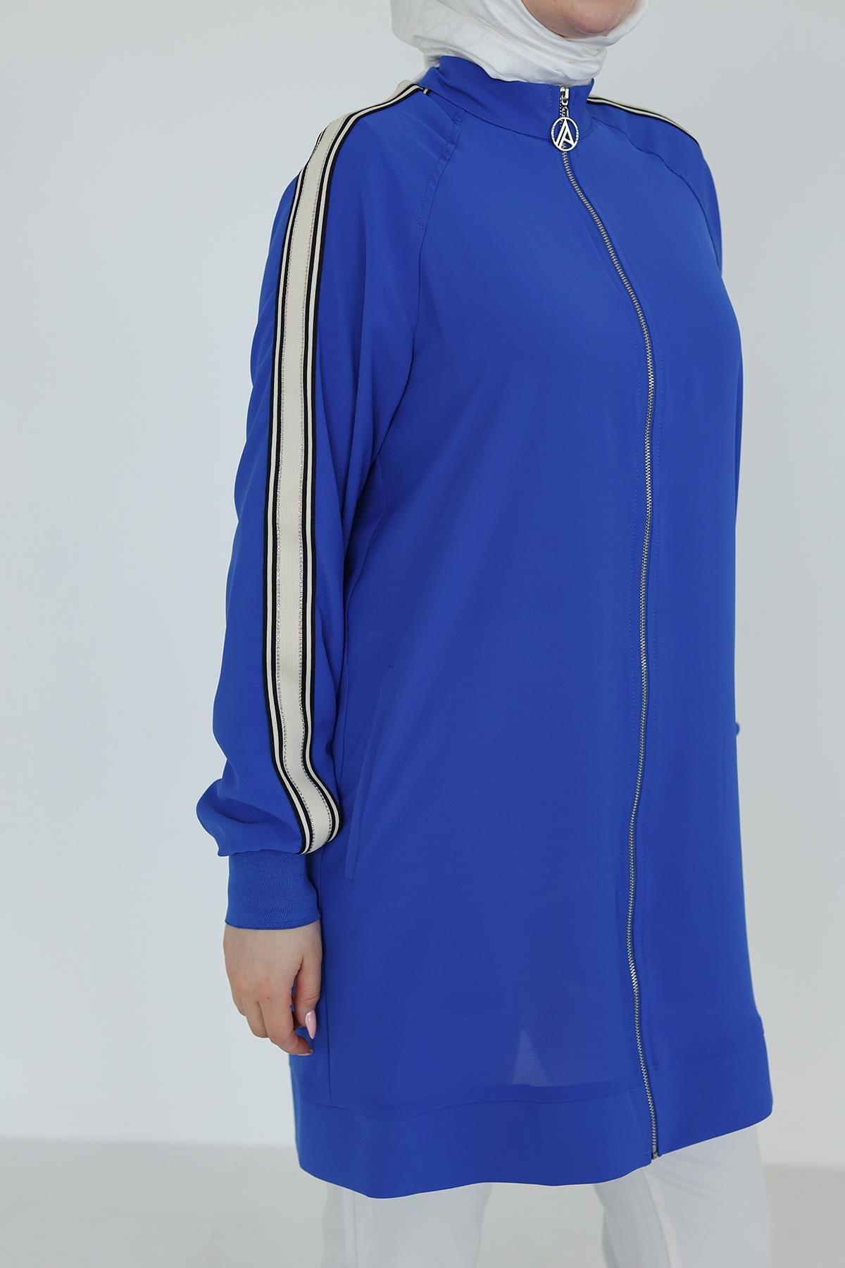ARMİNE TREND Boydan Fermuarlı Kolları Ribanalı Tunik-Saks 25YT414
