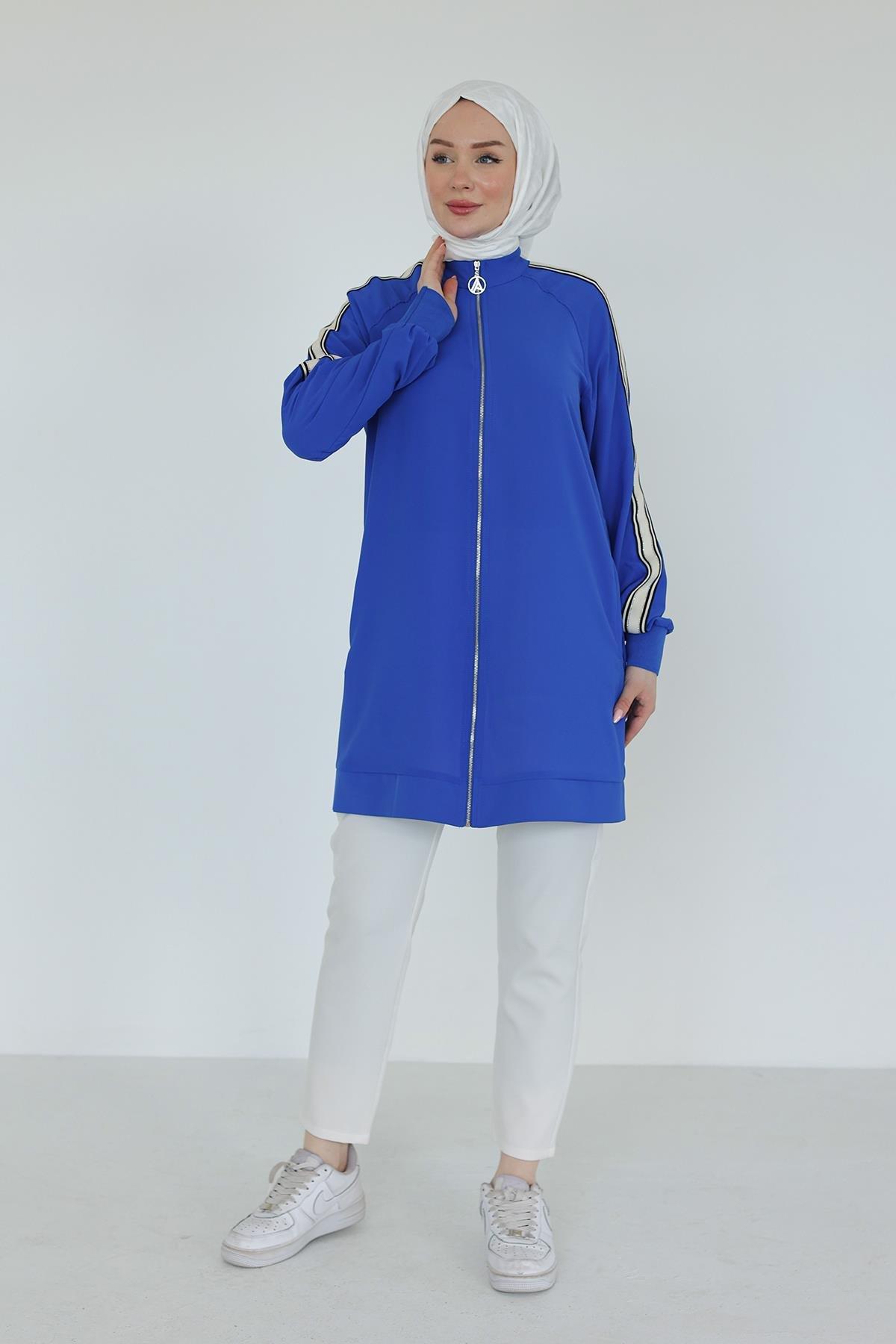 ARMİNE TREND Boydan Fermuarlı Kolları Ribanalı Tunik-Saks 25YT414