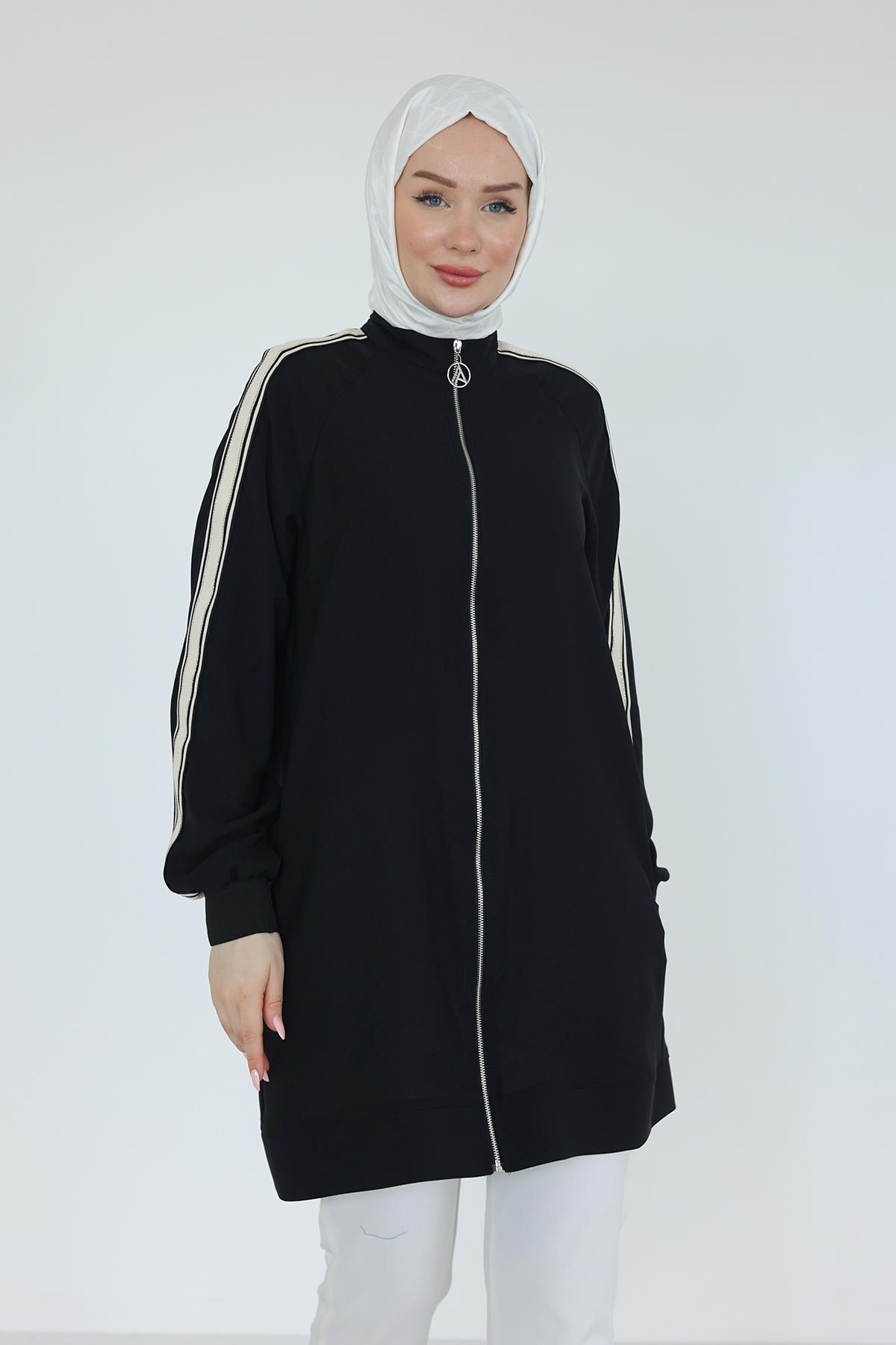 ARMİNE TREND Boydan Fermuarlı Kolları Ribanalı Tunik-Siyah 25YT414