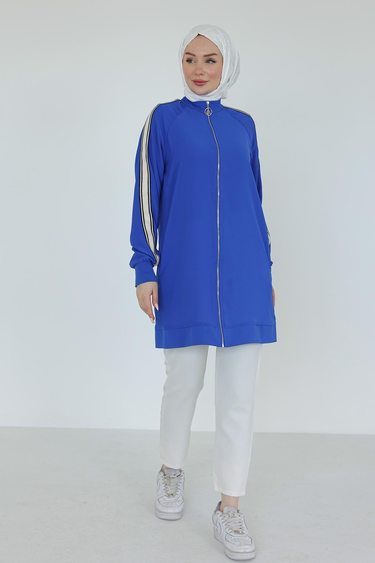 ARMİNE TREND Boydan Fermuarlı Kolları Ribanalı Tunik-Saks 25YT414