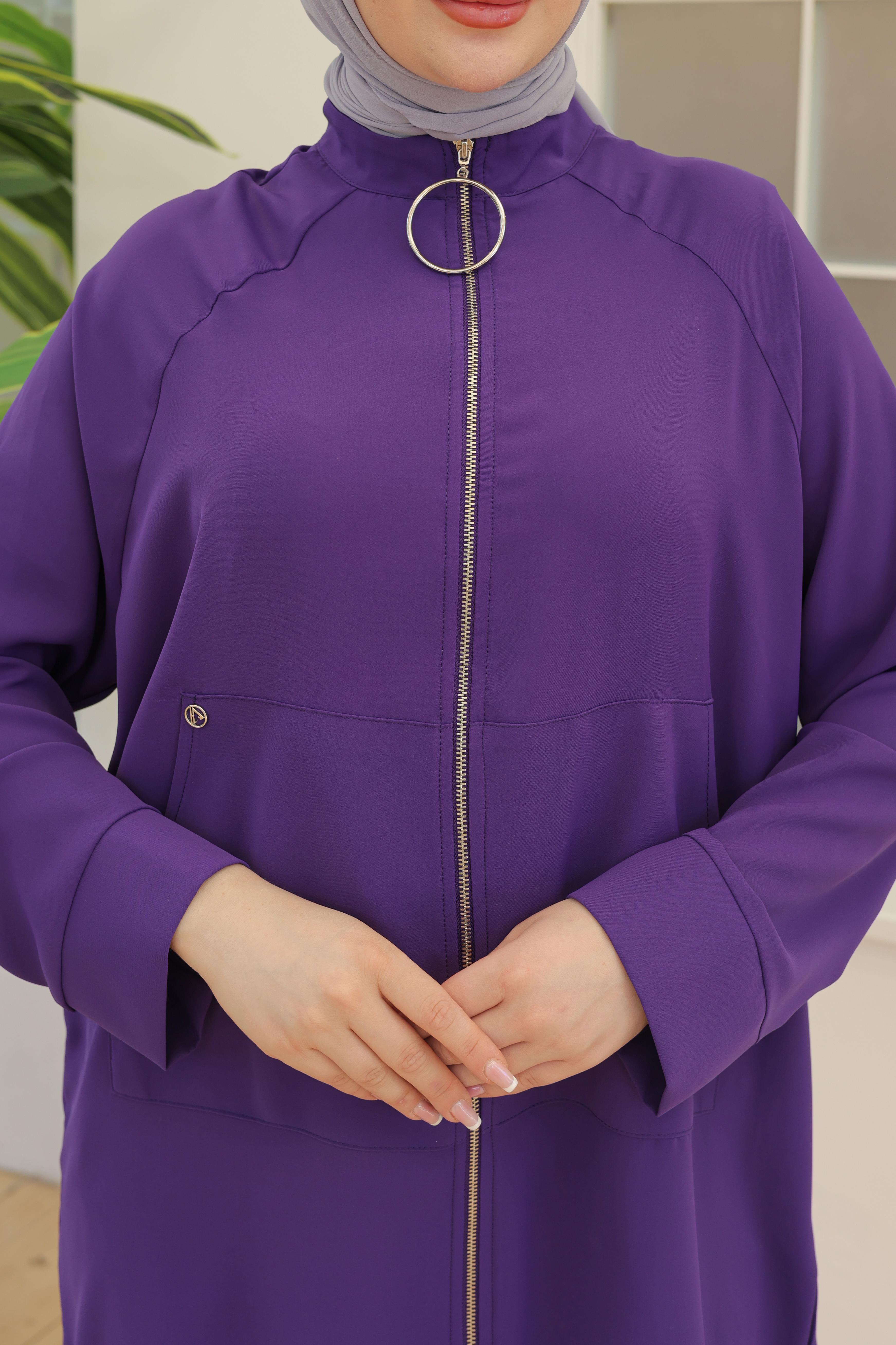 ARMİNE TREND Boydan Fermuarlı Önden Cepli Sırtı Yıldız Detaylı Ceket Tunik-Mor 25YT575