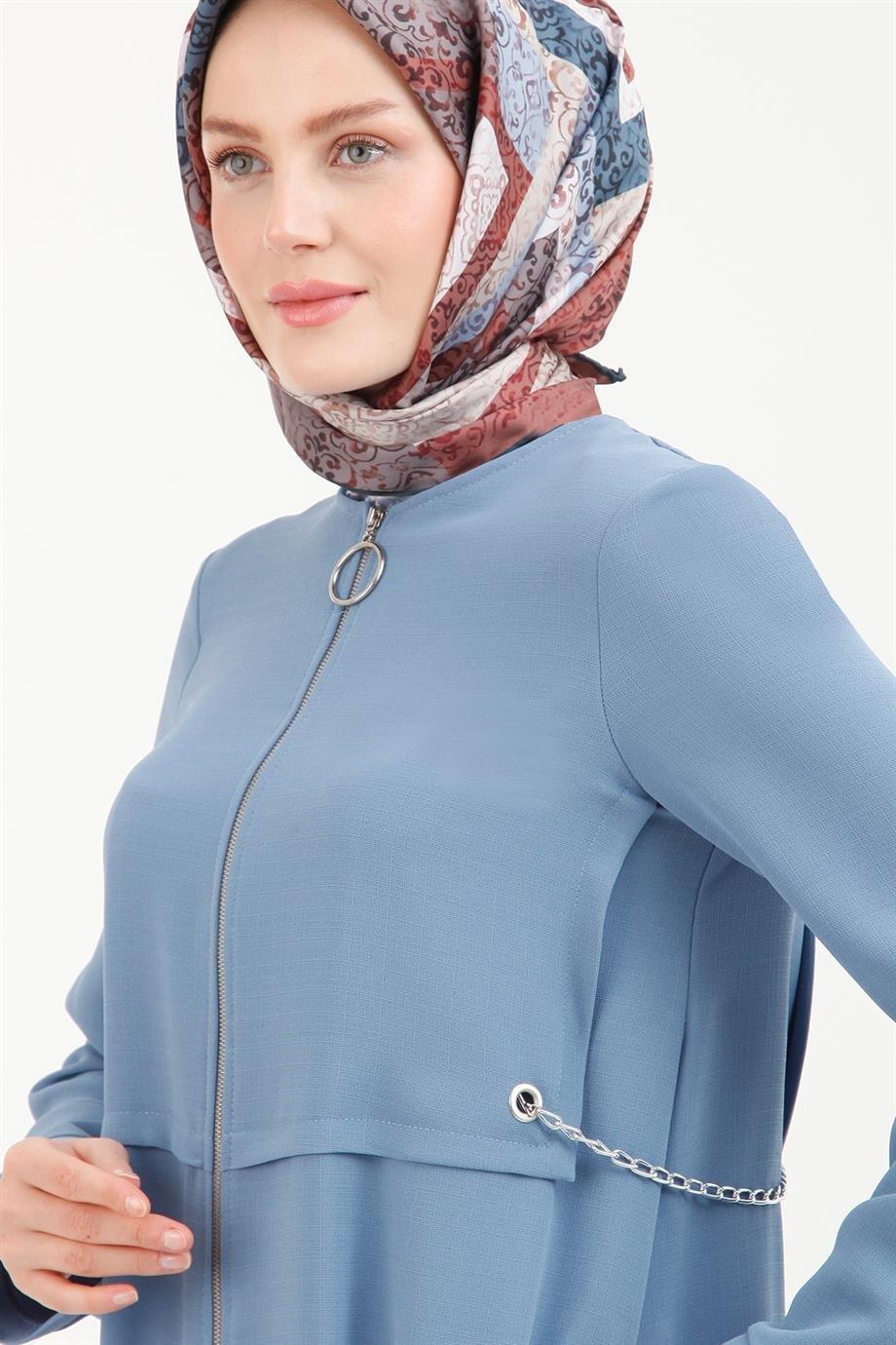 ARMİNE TREND Boydan Fermuarlı Pardesü-Gri Mavi 22YT818