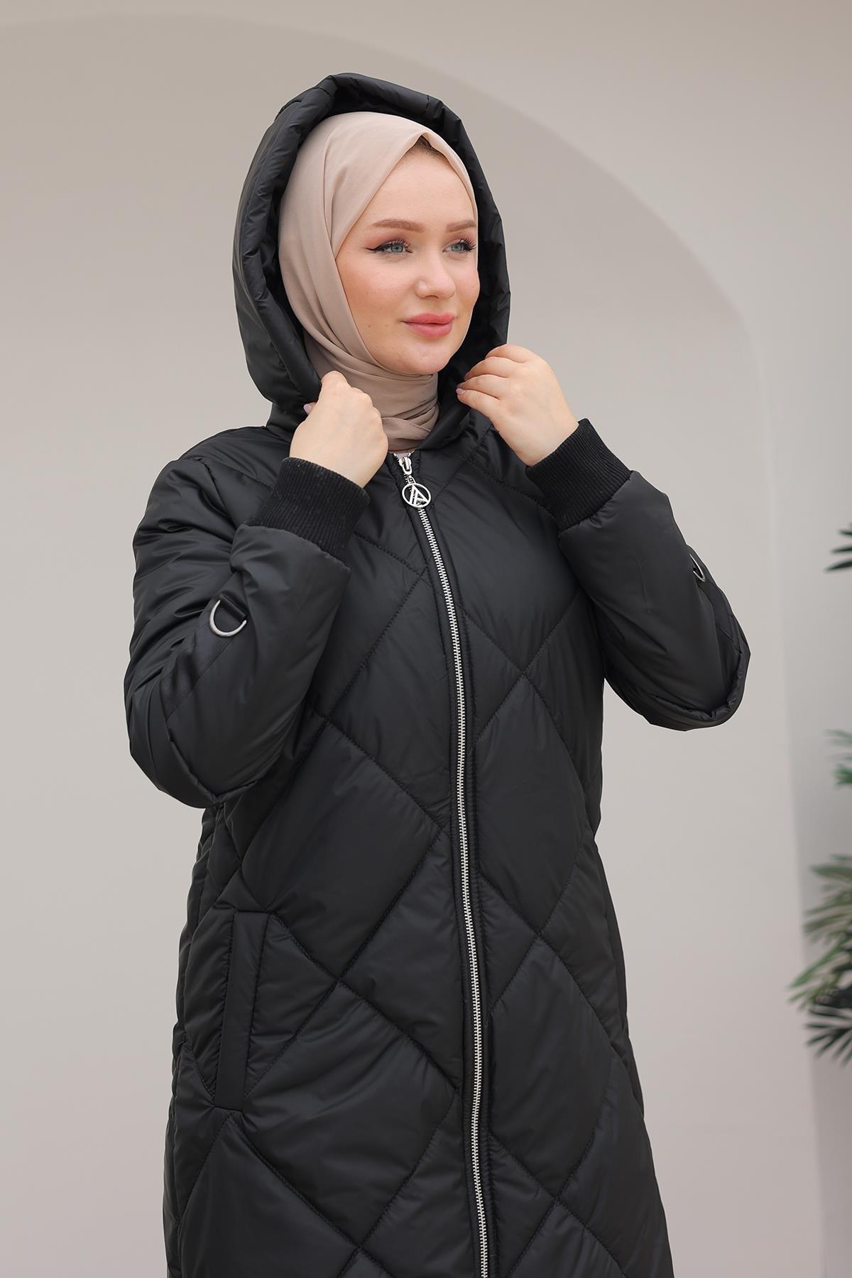 ARMİNE TREND Boydan Fermuarlı Şişme Kapitone Desenli Mont Siyah 24KT710