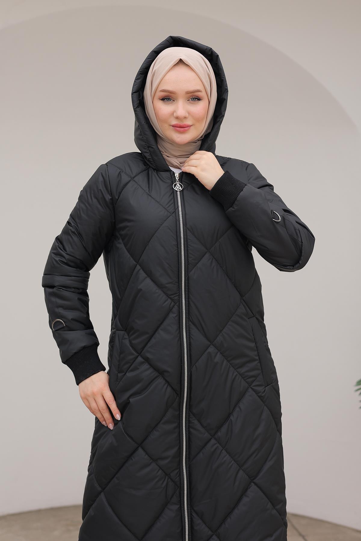ARMİNE TREND Boydan Fermuarlı Şişme Kapitone Desenli Mont Siyah 24KT710