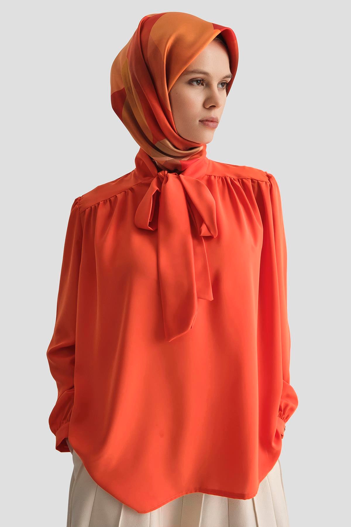 ARMİNE TREND Boyun Kurdele Desenli Tunik-Turuncu 25YT303