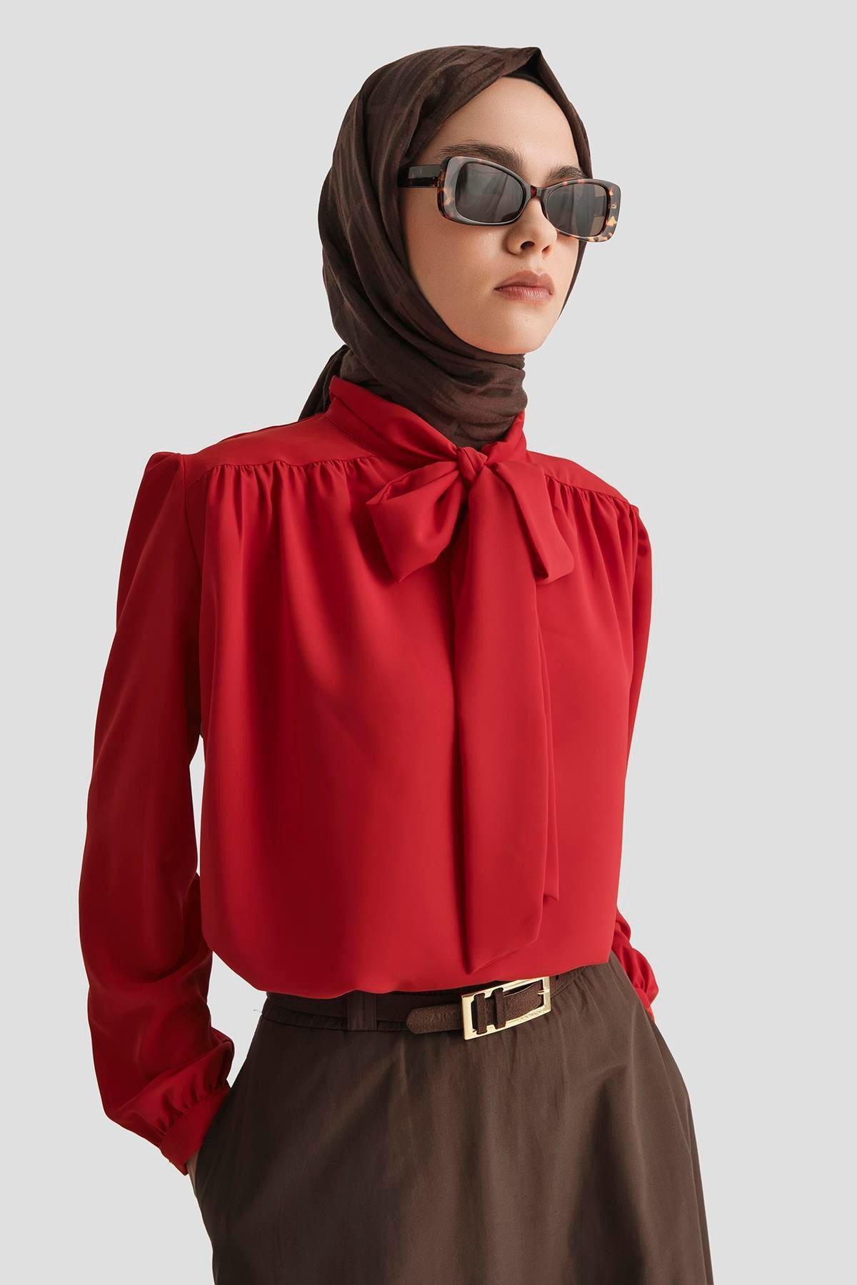 ARMİNE TREND Boyun Kurdele Desenli Tunik-Kırmızı 25YT303