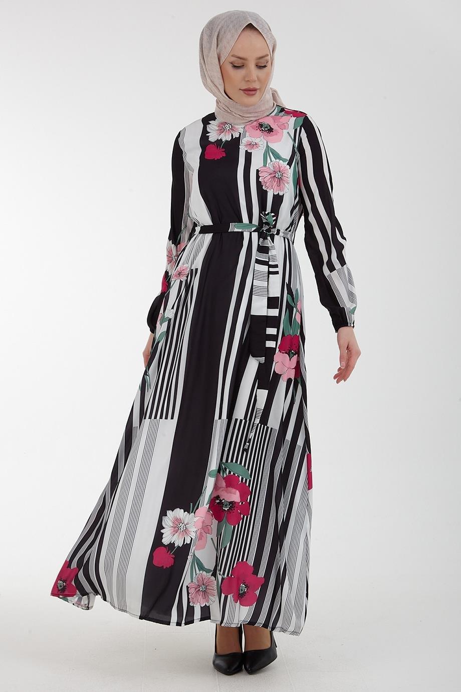 ARMİNE TREND Çiçek Desenli Beli Kemerli Elbise-Pembe 22YT937