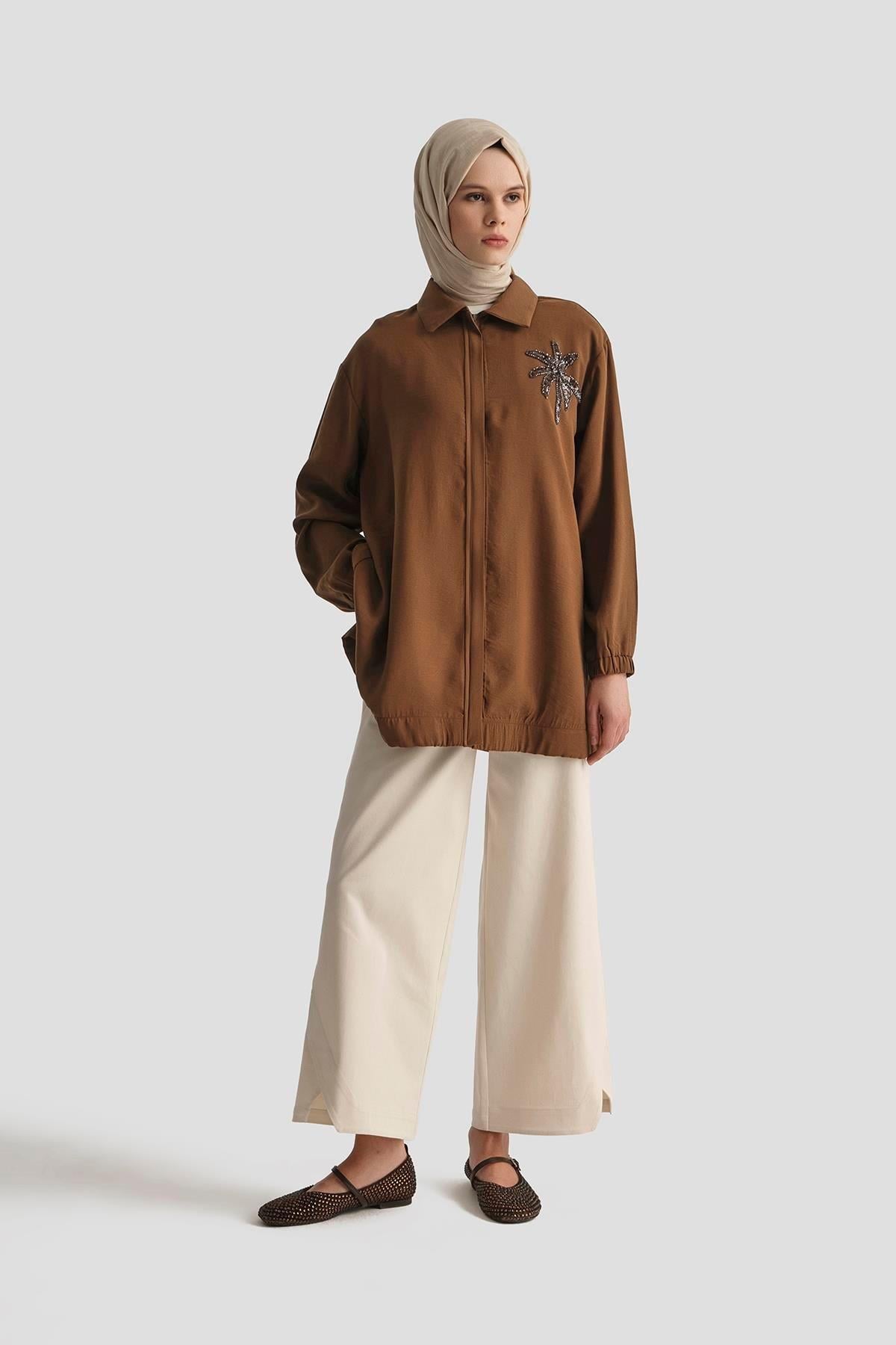 ARMİNE TREND Çiçek Desenli Gizli Fermuarlı Tunik-Kahverengi 25YT466