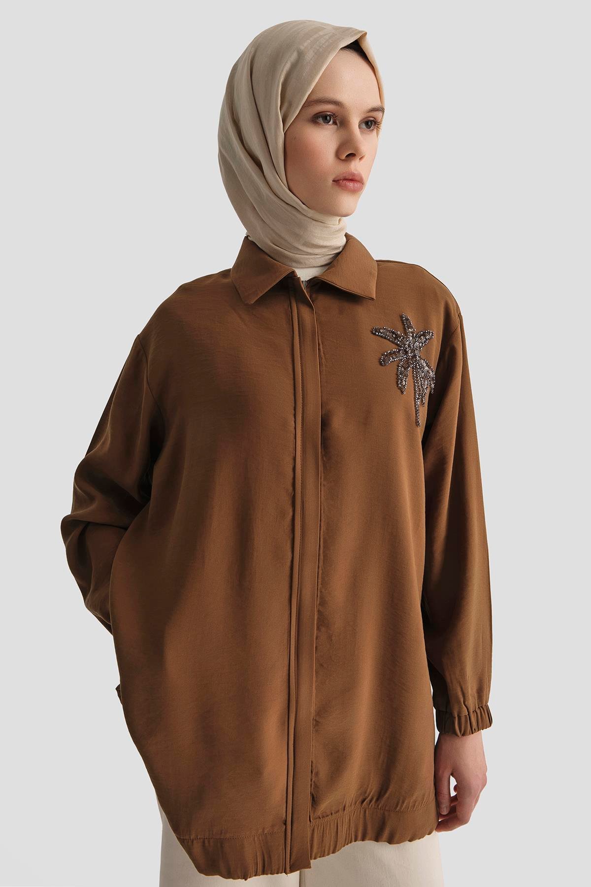 ARMİNE TREND Çiçek Desenli Gizli Fermuarlı Tunik-Kahverengi 25YT466