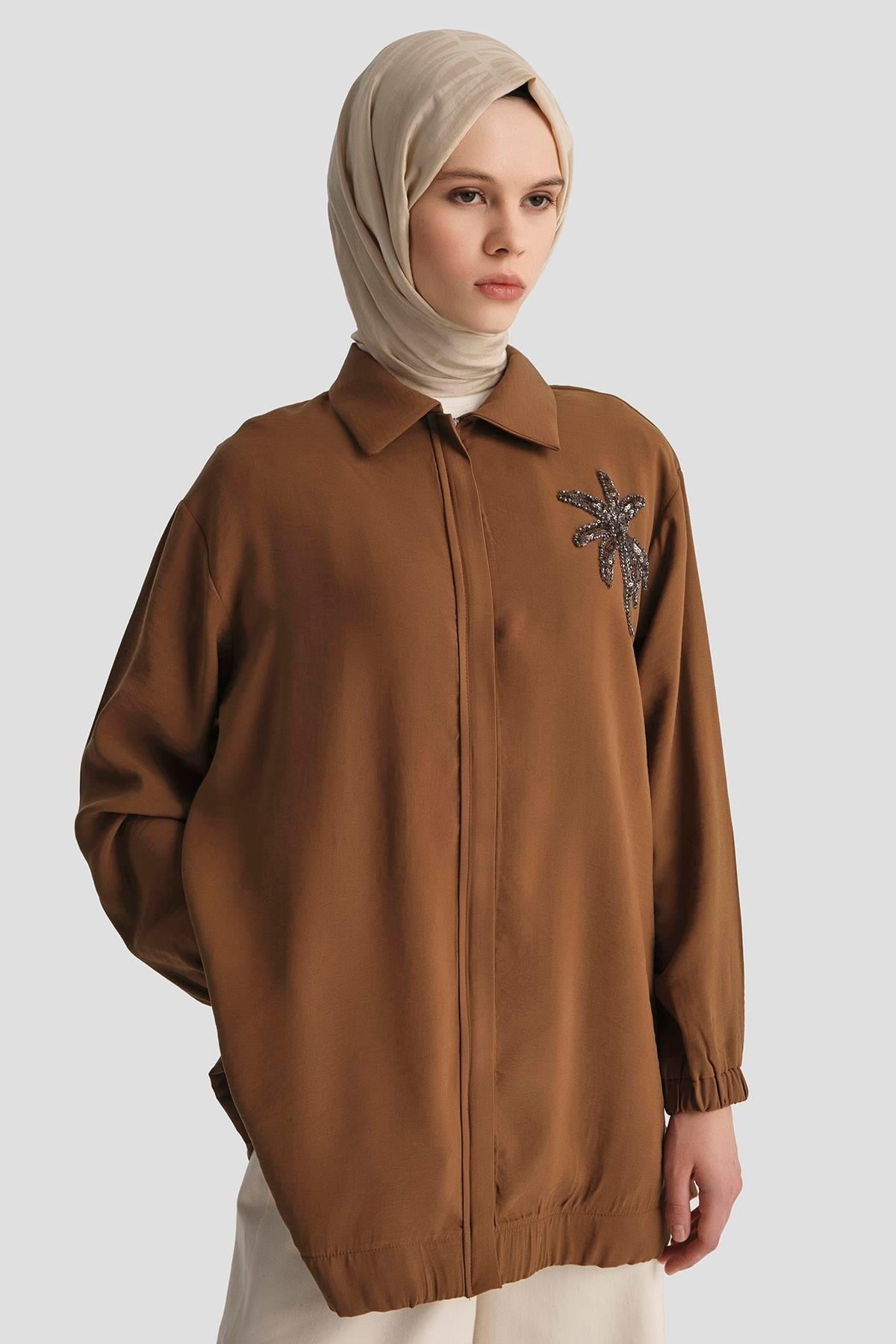 ARMİNE TREND Çiçek Desenli Gizli Fermuarlı Tunik-Kahverengi 25YT466