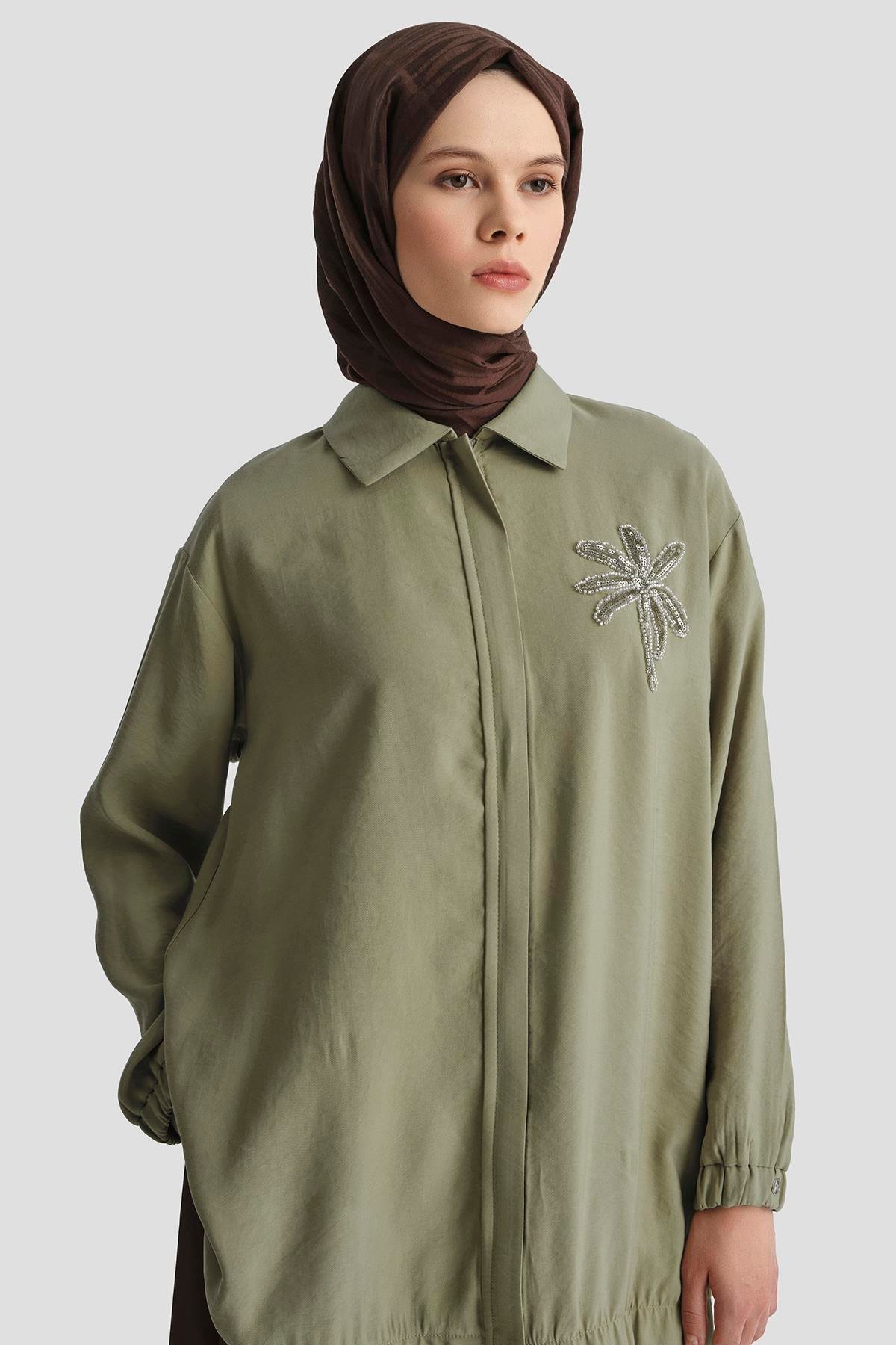 ARMİNE TREND Çiçek Desenli Gizli Fermuarlı Tunik-Yağ Yeşili 25YT466