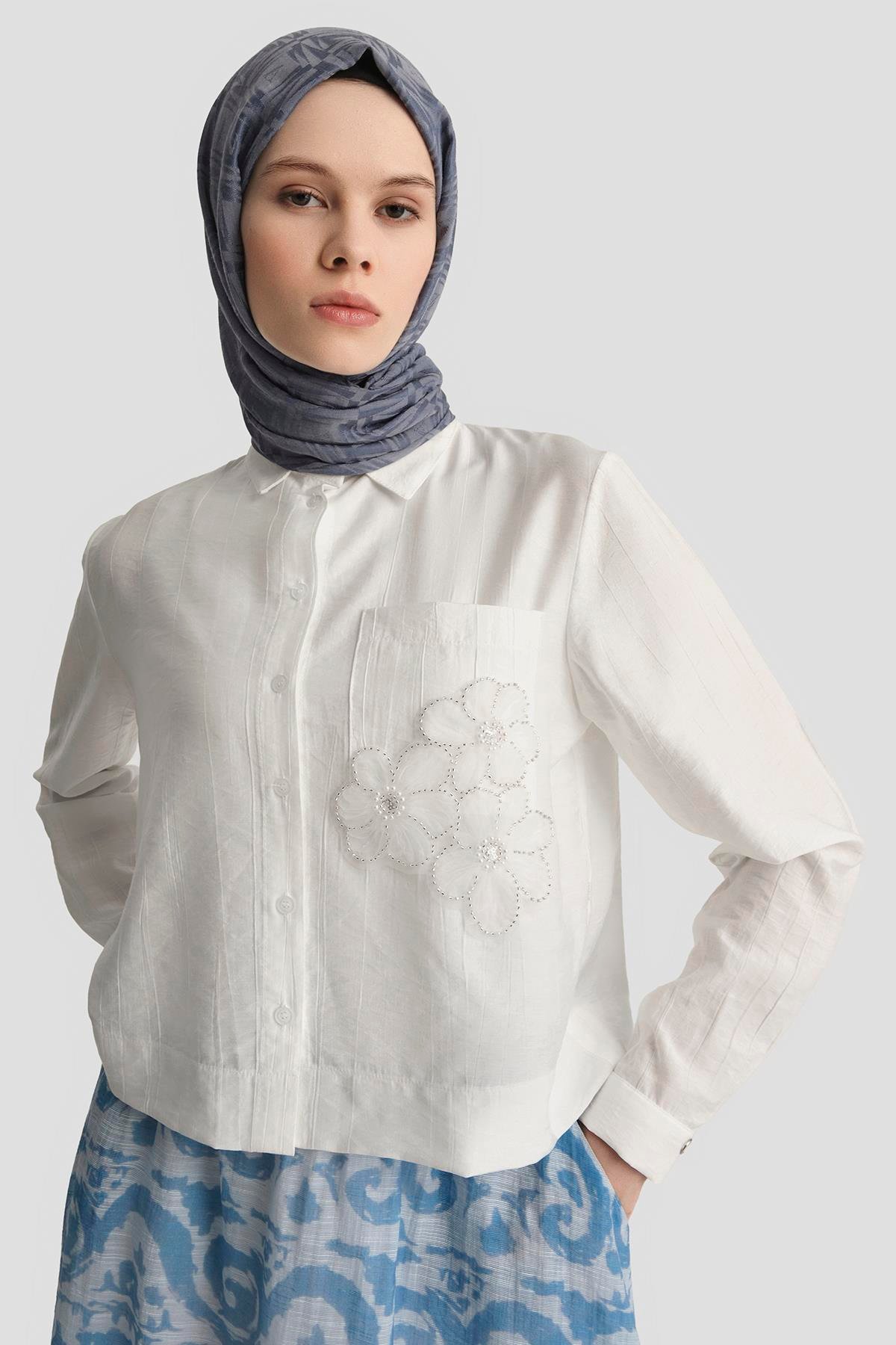 ARMİNE TREND Çiçek Desenli Gömlek Yaka Etekli İkili Takım-Mavi 25YT6133