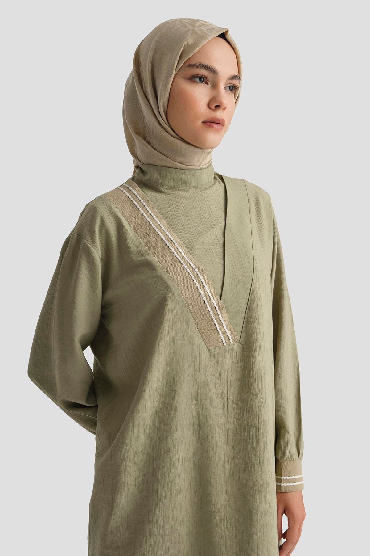 ARMİNE TREND Çilek Kumaş Kolları Ribanalı Tunik-Küf Yeşili 25YT4143