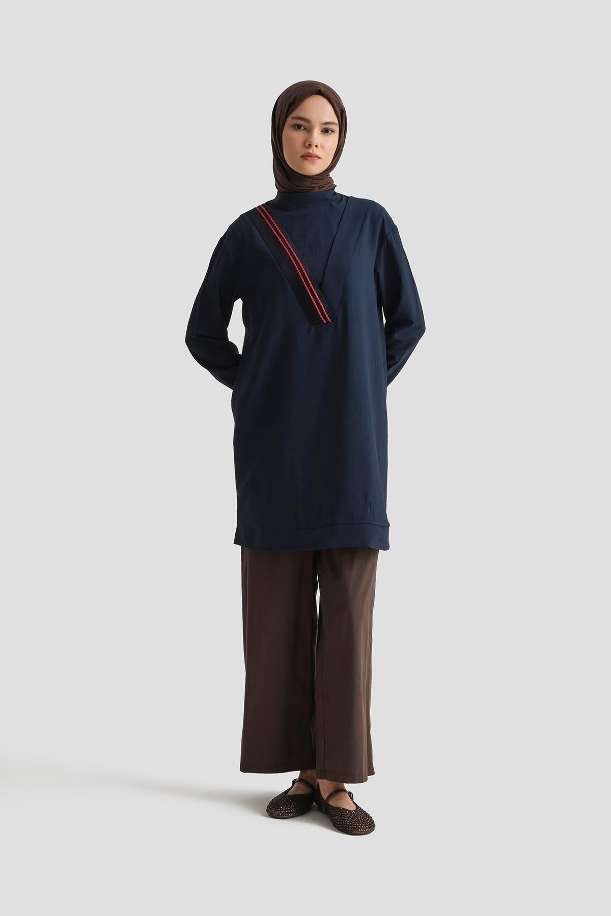 ARMİNE TREND Çilek Kumaş Kolları Ribanalı Tunik-Lacivert 25YT4143