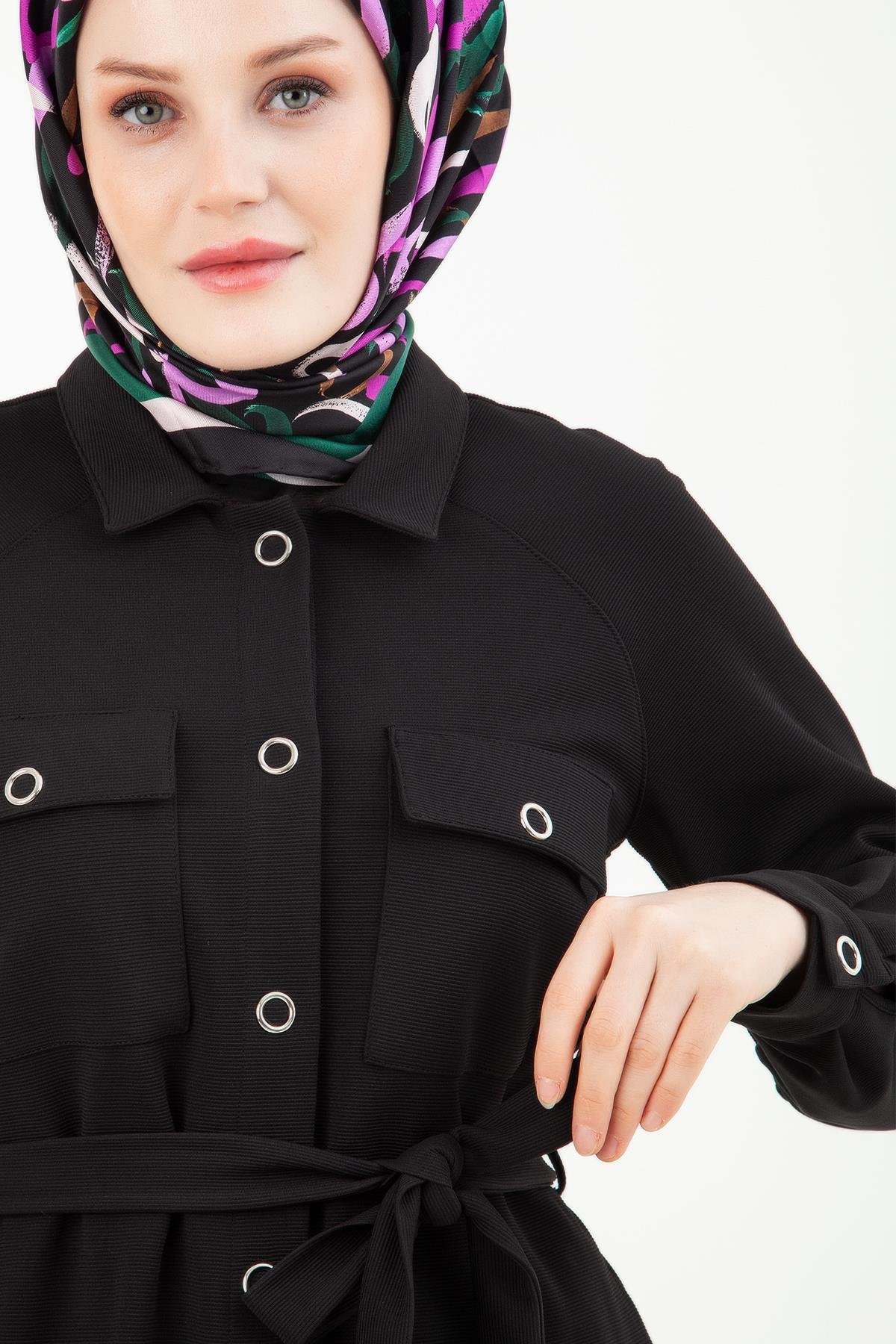 ARMİNE TREND Çıtçıt Detaylı Belden Bağlamalı Tunik-Siyah 23KT401