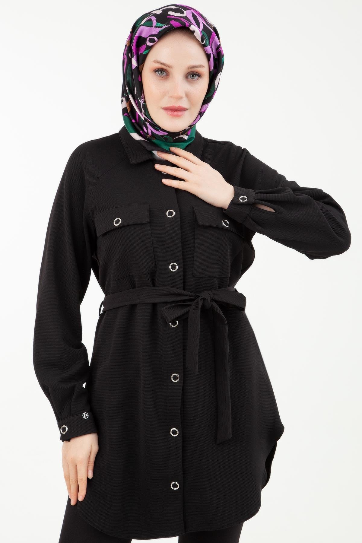ARMİNE TREND Çıtçıt Detaylı Belden Bağlamalı Tunik-Siyah 23KT401