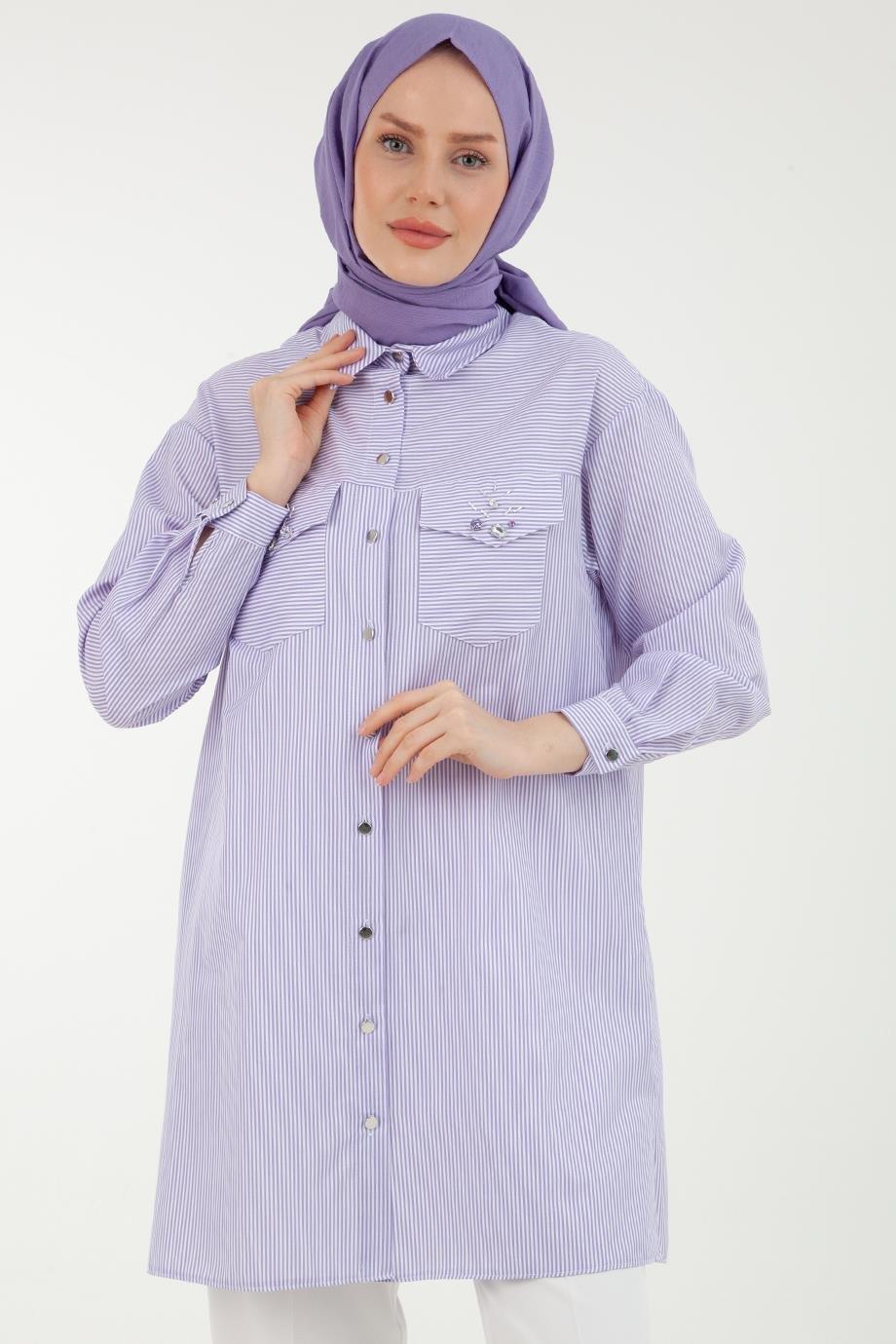 ARMİNE TREND Çizgi Desenli Cepleri Taş Detaylı Tunik-Lila 23YT437