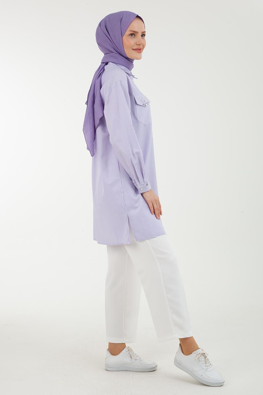 ARMİNE TREND Çizgi Desenli Cepleri Taş Detaylı Tunik-Lila 23YT437