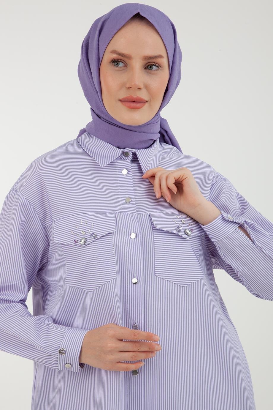 ARMİNE TREND Çizgi Desenli Cepleri Taş Detaylı Tunik-Lila 23YT437