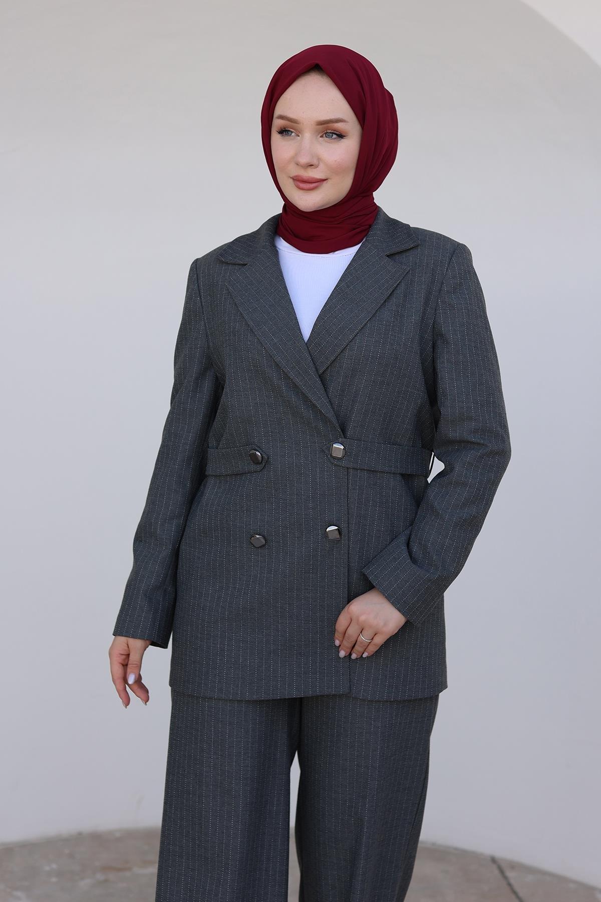 ARMİNE TREND Çizgili Blazer Takım-Gri 24KT659