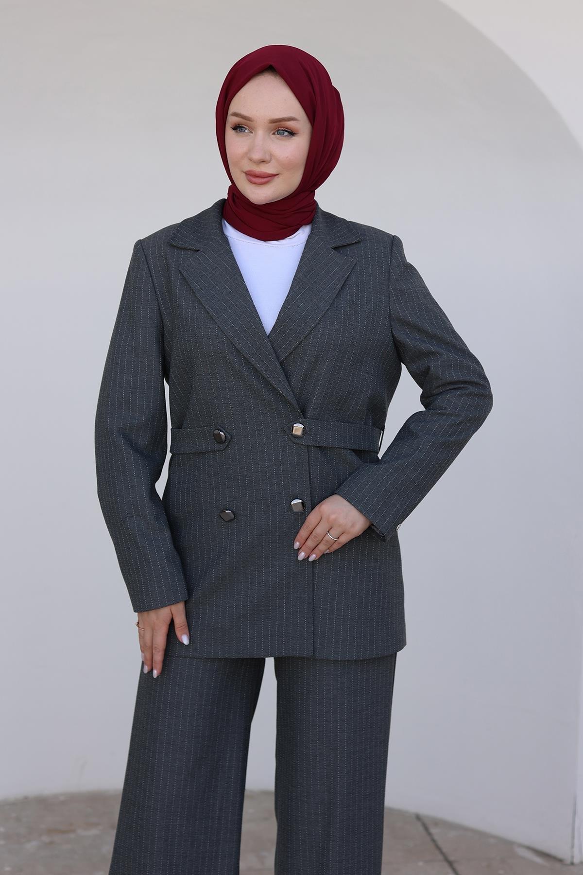 ARMİNE TREND Çizgili Blazer Takım-Gri 24KT659