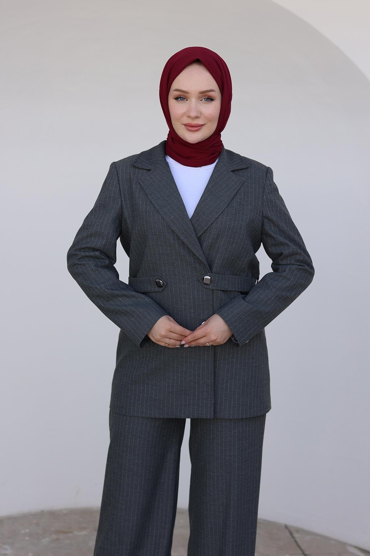 ARMİNE TREND Çizgili Blazer Takım-Gri 24KT659