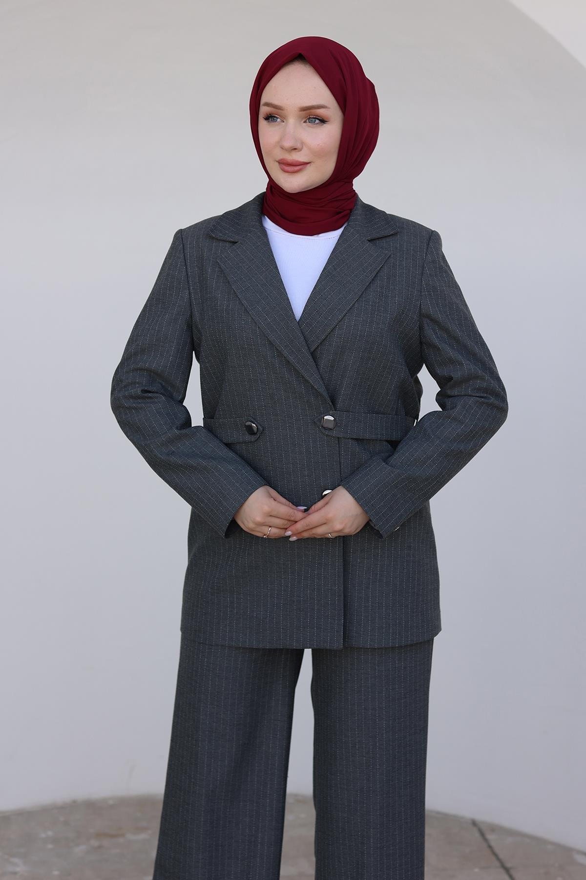 ARMİNE TREND Çizgili Blazer Takım-Gri 24KT659