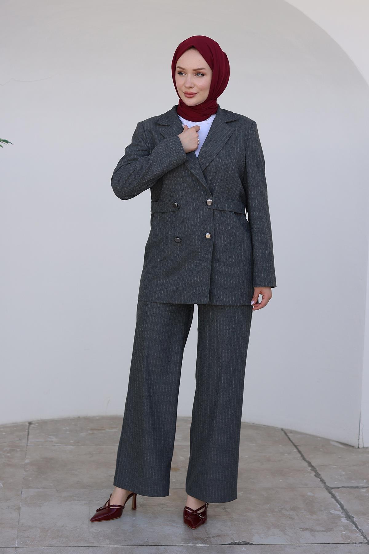 ARMİNE TREND Çizgili Blazer Takım-Gri 24KT659