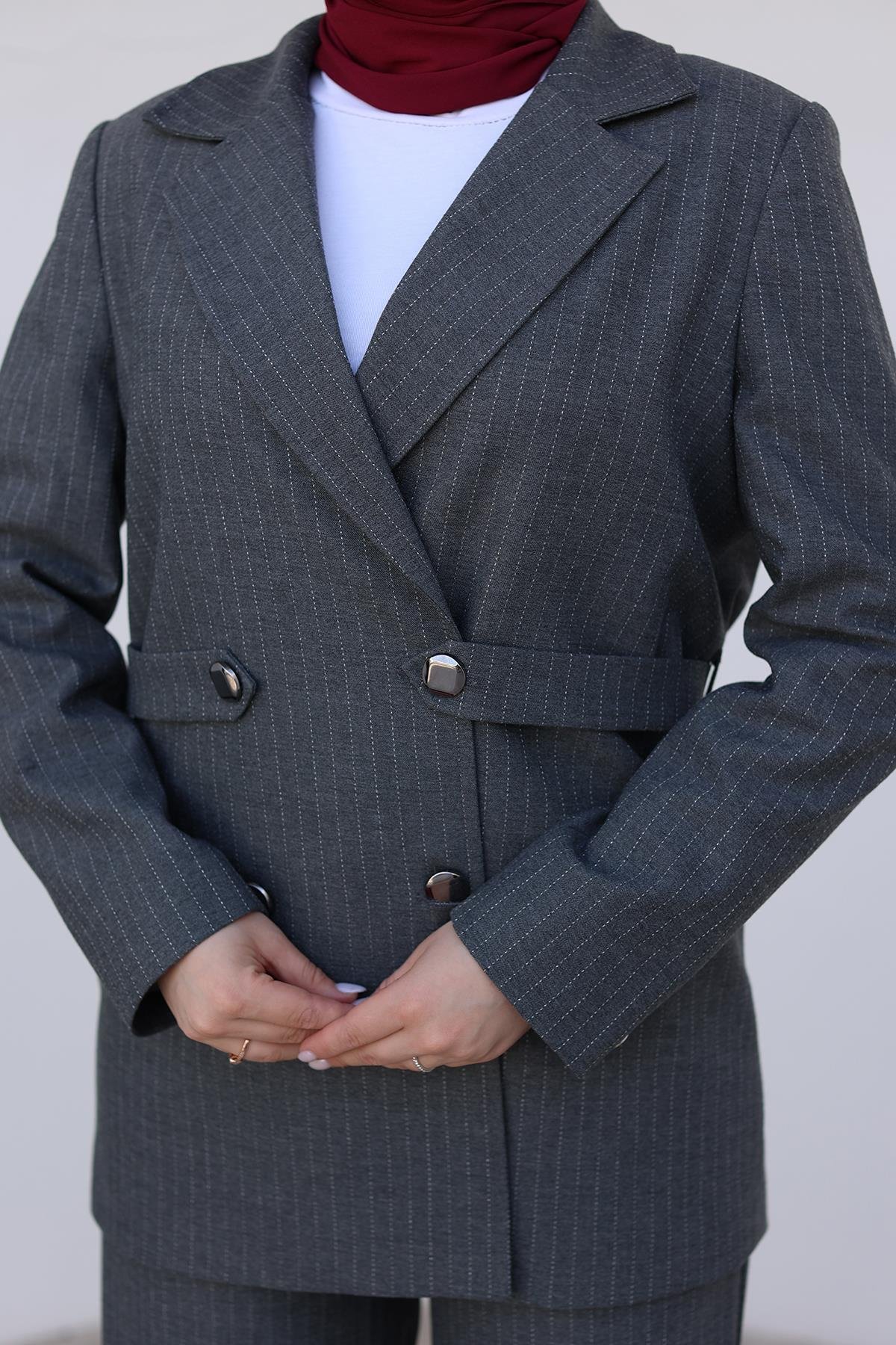ARMİNE TREND Çizgili Blazer Takım-Gri 24KT659