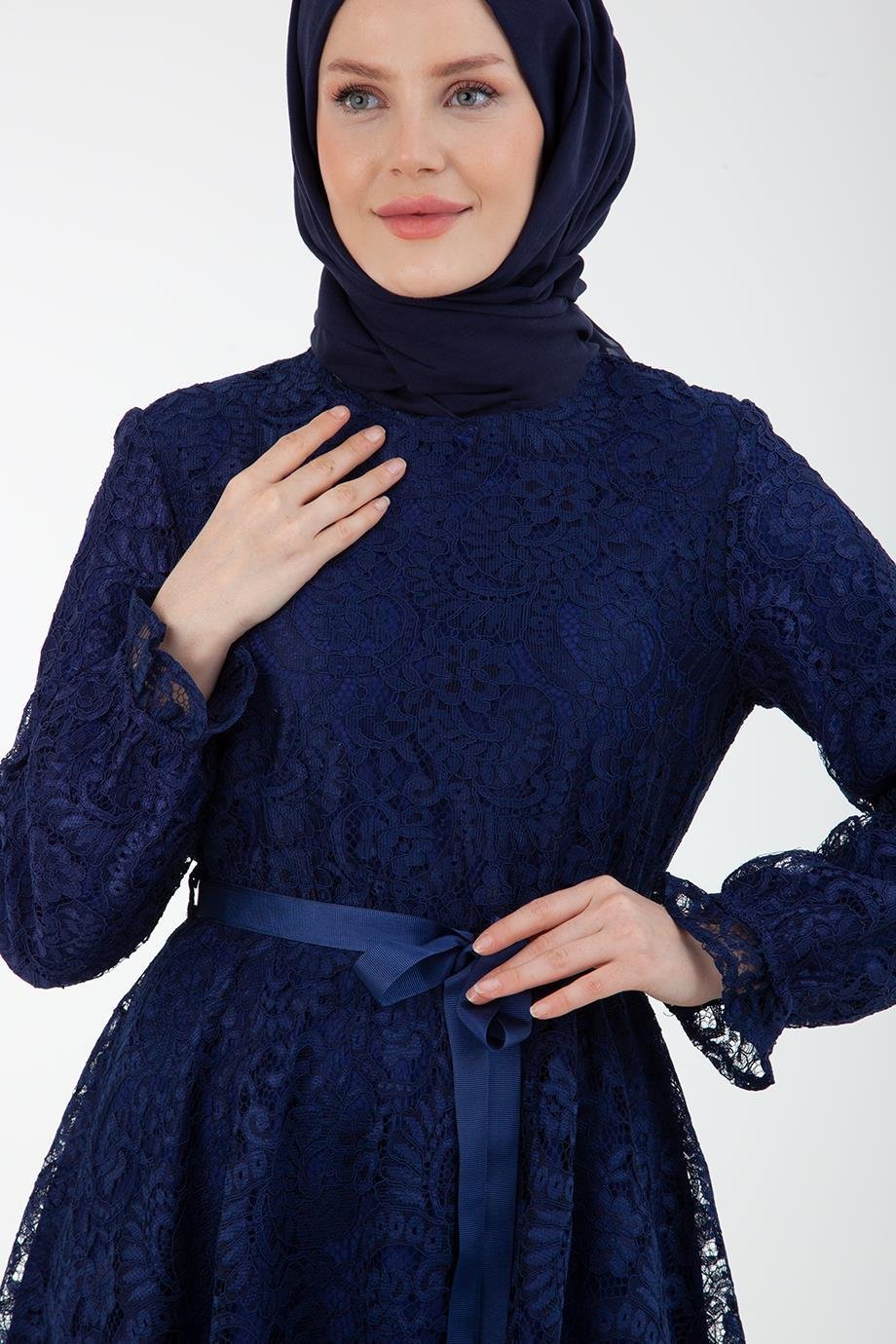 ARMİNE TREND Dantelli İç Astarlı Elbise-Lacivert 23YT926