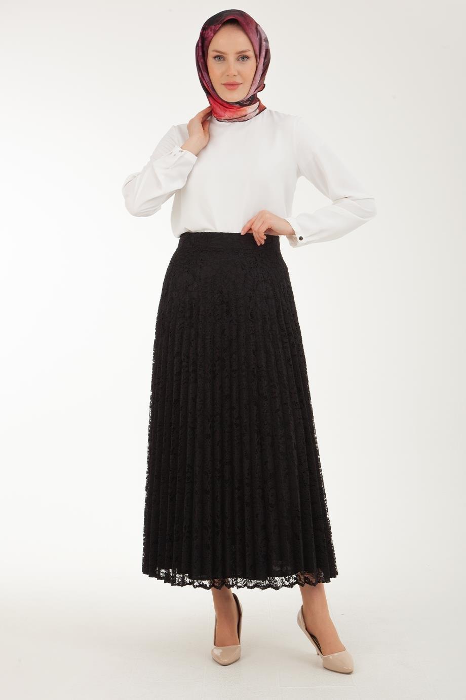 ARMİNE TREND Dantelli Piliseli Etek-Siyah 23YT110
