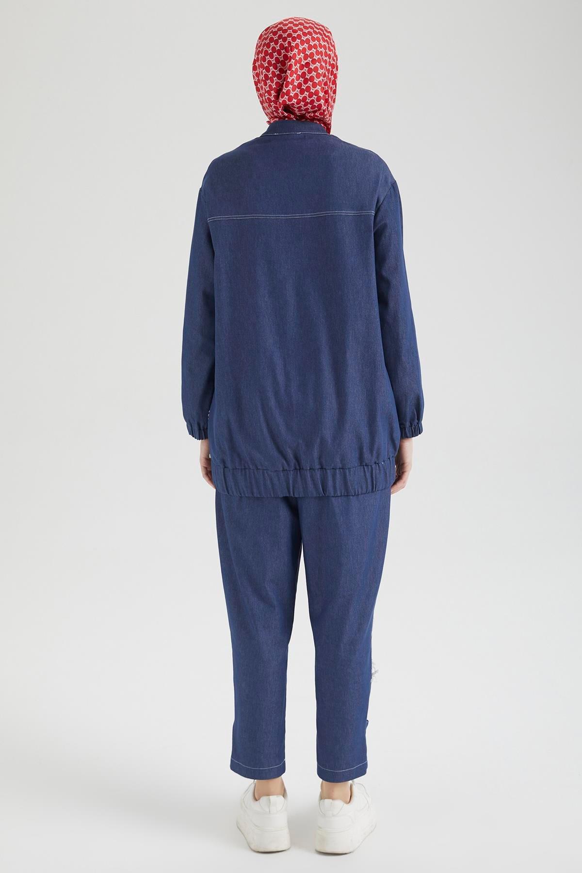 ARMİNE TREND Denim Kumaş Eskitme Detaylı Pantolonlu İkili Takım Lacivert 25YT666
