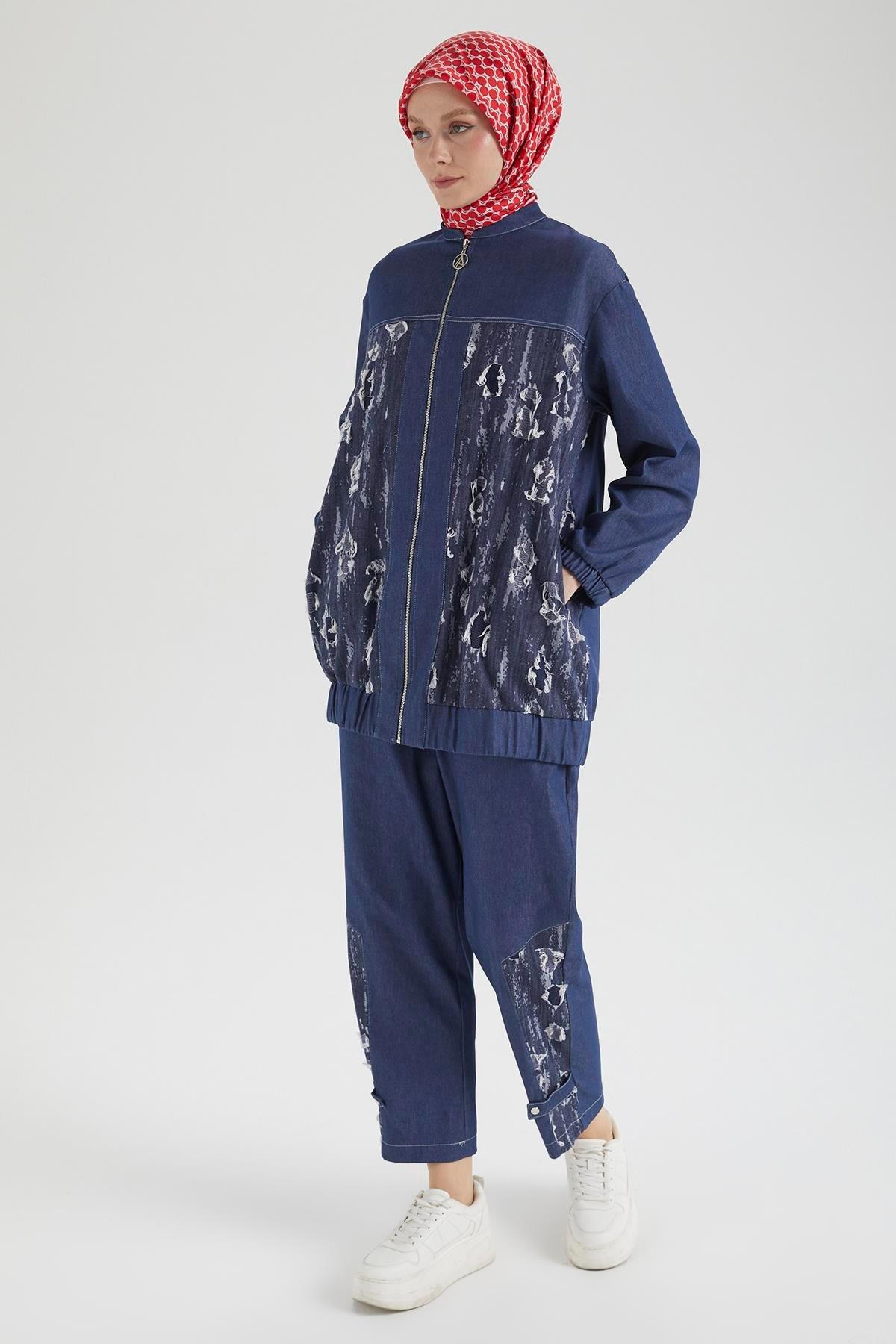 ARMİNE TREND Denim Kumaş Eskitme Detaylı Pantolonlu İkili Takım Lacivert 25YT666