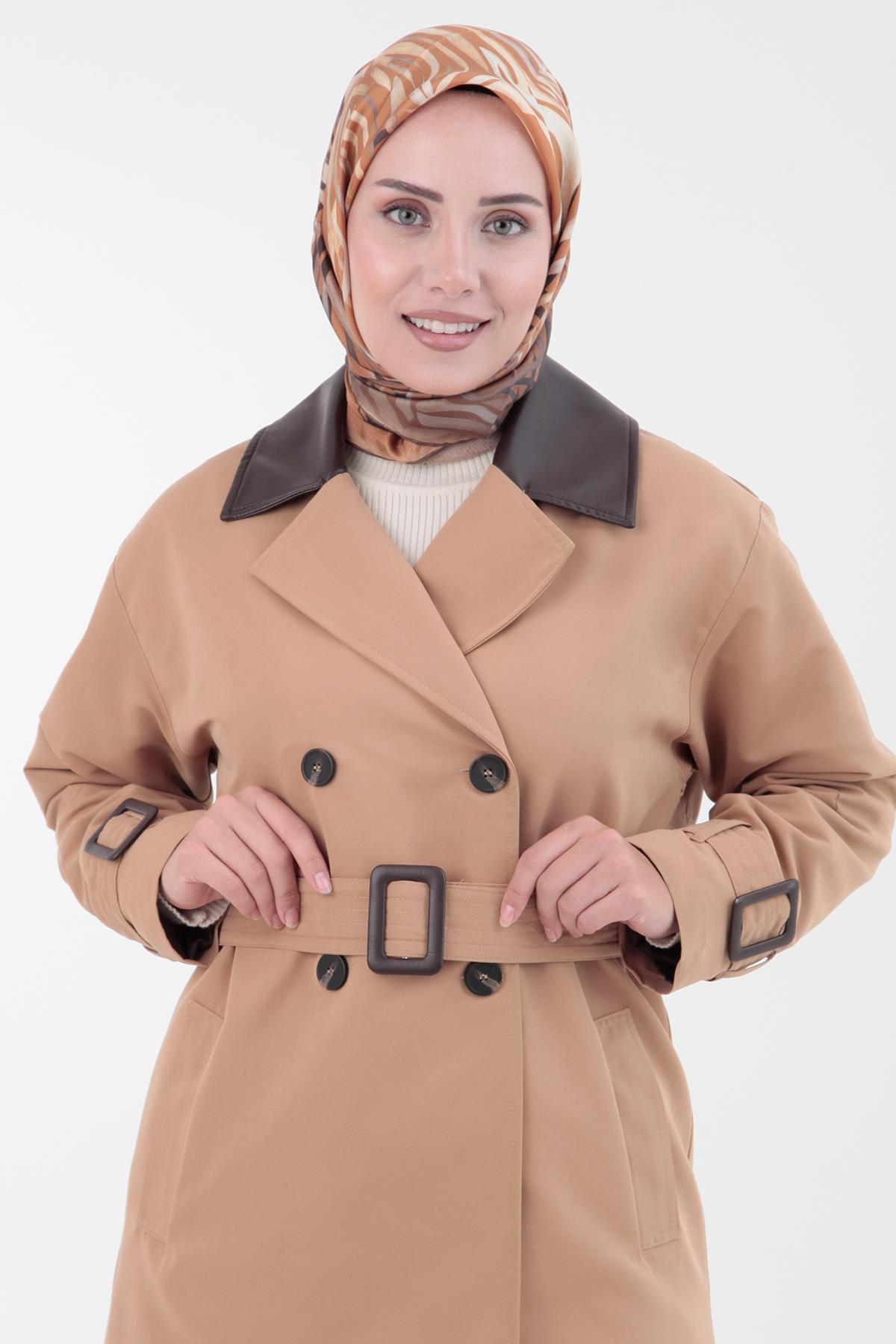 ARMİNE TREND Deri Garnili Beli Kemerli Kruvaze Trenç Kot-Camel 23KT720