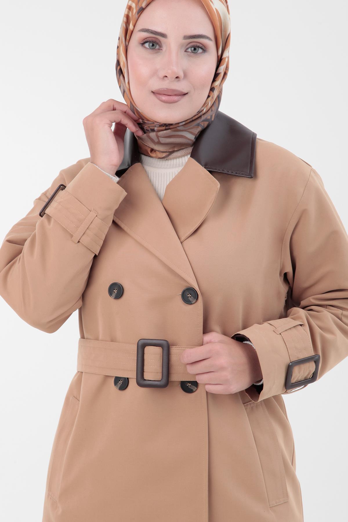ARMİNE TREND Deri Garnili Beli Kemerli Kruvaze Trenç Kot-Camel 23KT720