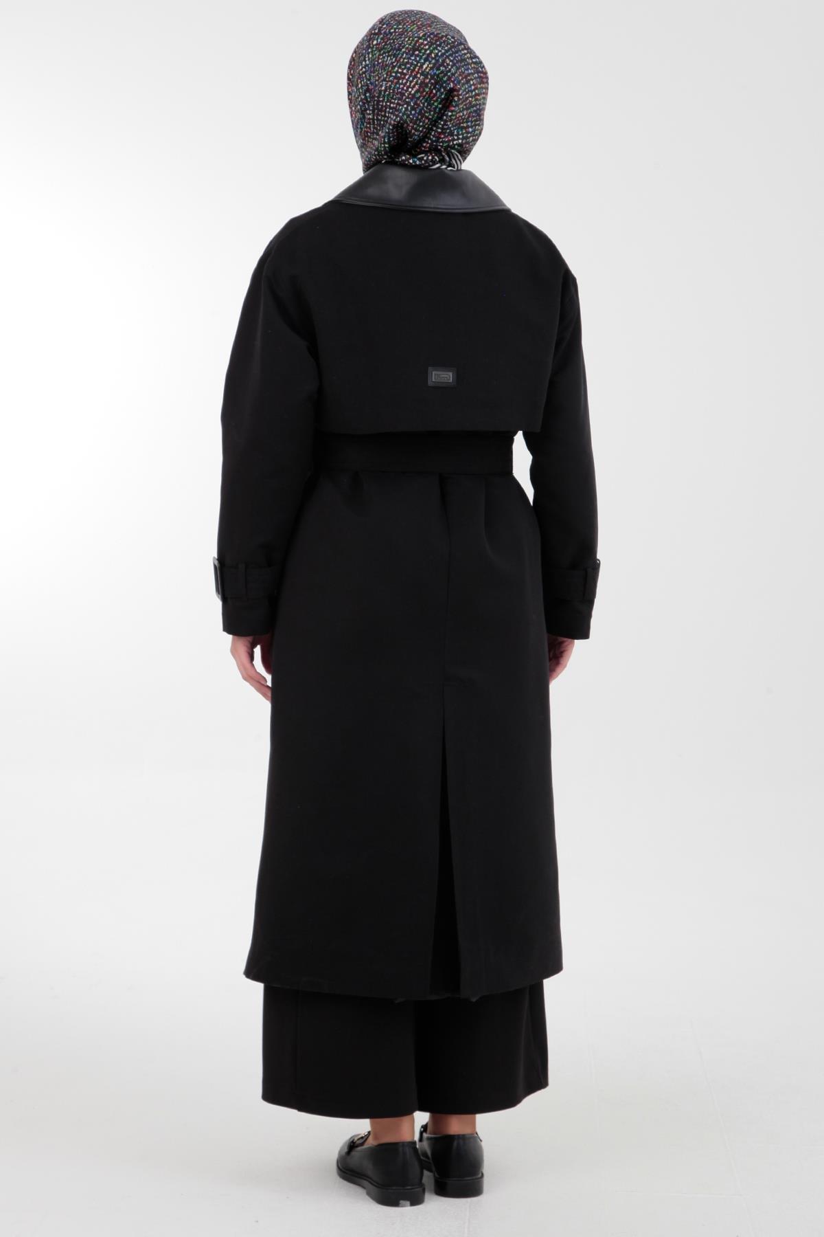 ARMİNE TREND Deri Garnili Beli Kemerli Kruvaze Trenç Kot-Siyah 23KT720
