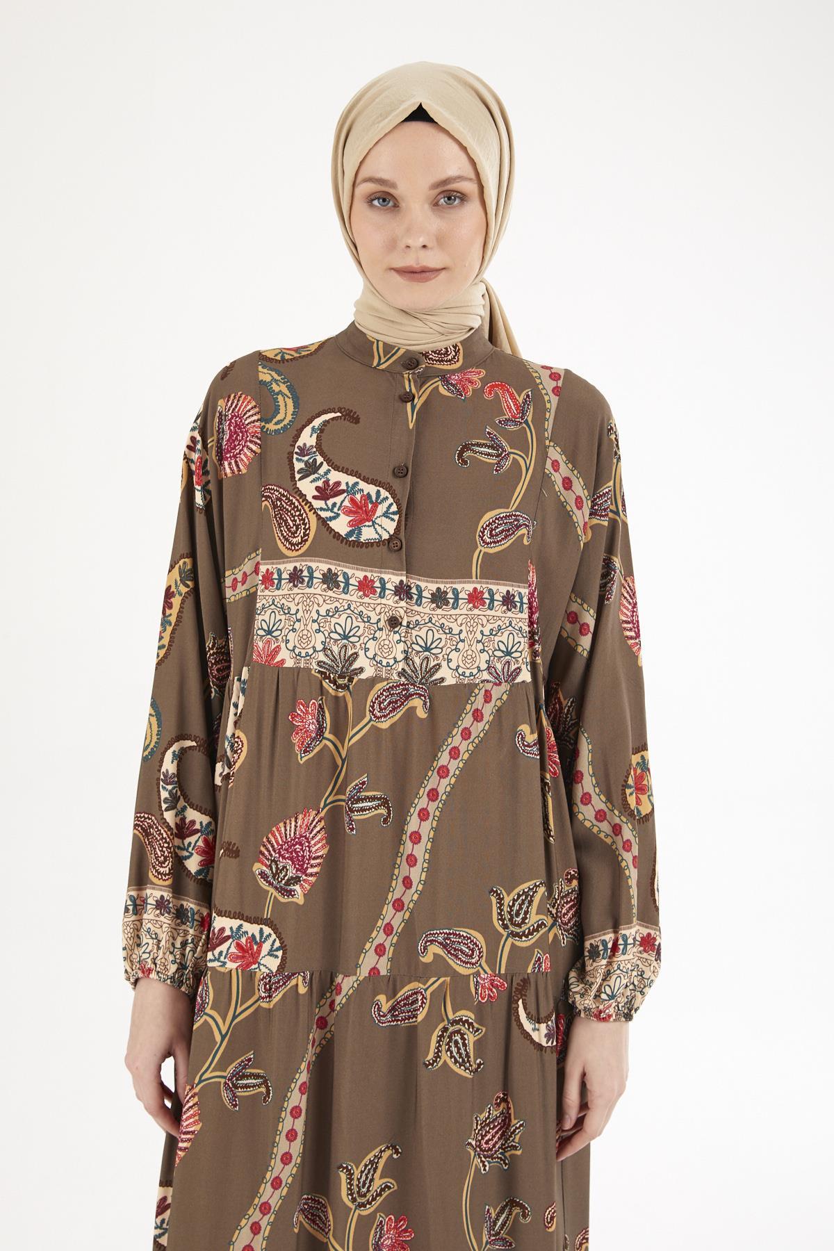 ARMİNE TREND Desenli Elbise-Haki 25YT949