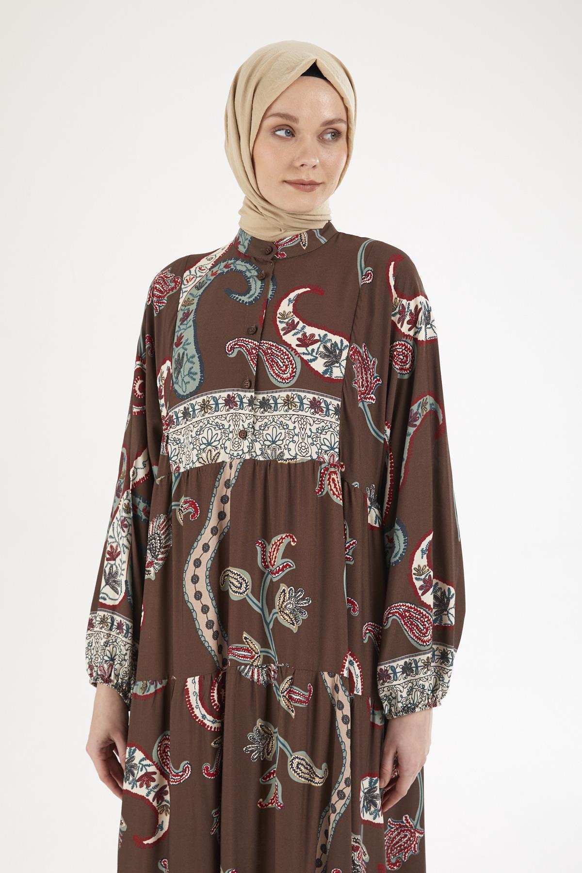 ARMİNE TREND Desenli Elbise-Kahverengi 25YT949