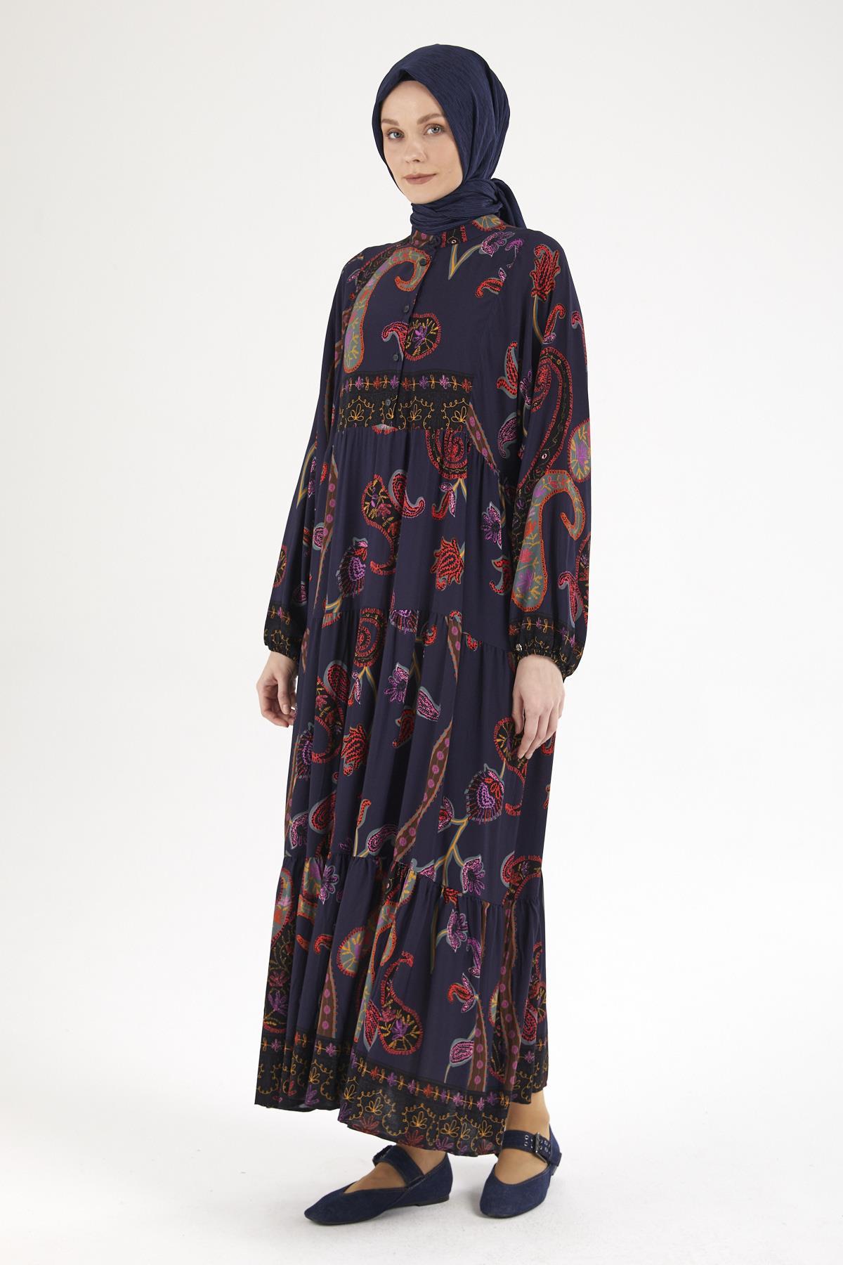 ARMİNE TREND Desenli Elbise-Lacivert 25YT949