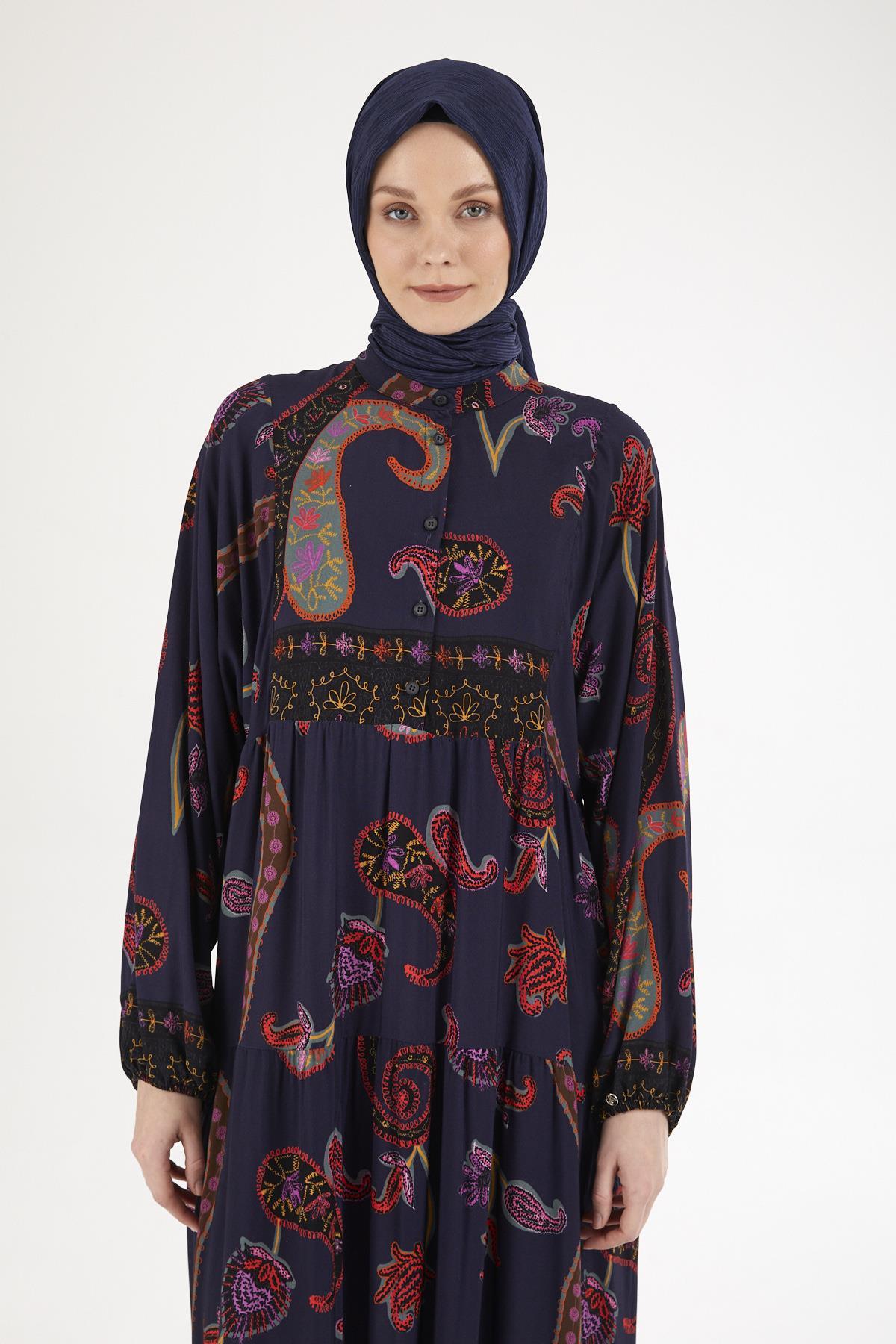 ARMİNE TREND Desenli Elbise-Lacivert 25YT949